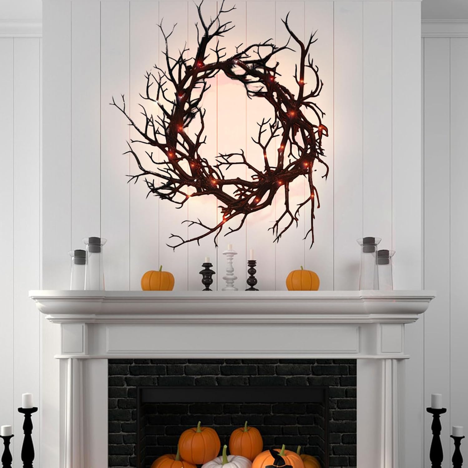 Glitter Black Branch Halloween Wreath with Red Lights