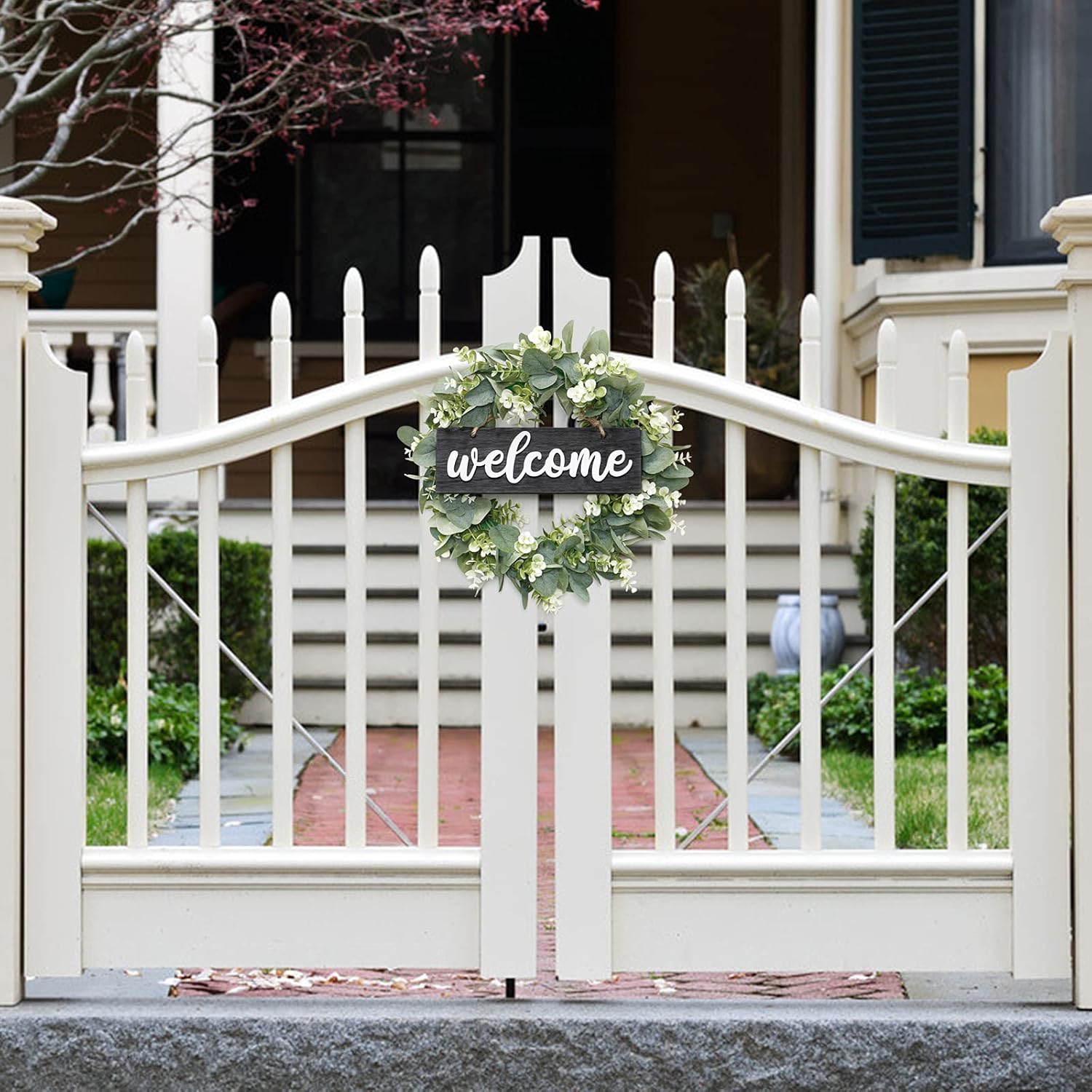 Dremisland 16 Inch Artificial Eucalyptus Wreath with Welcome Sign