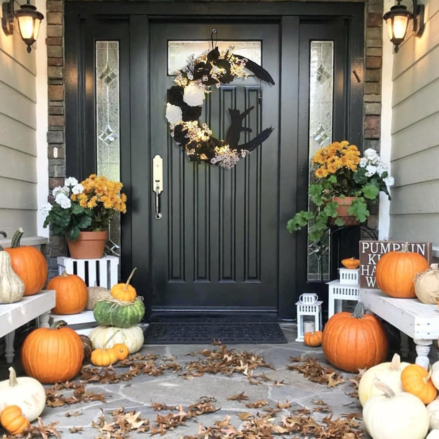 Moon Black Cat Halloween Wreath with Lights