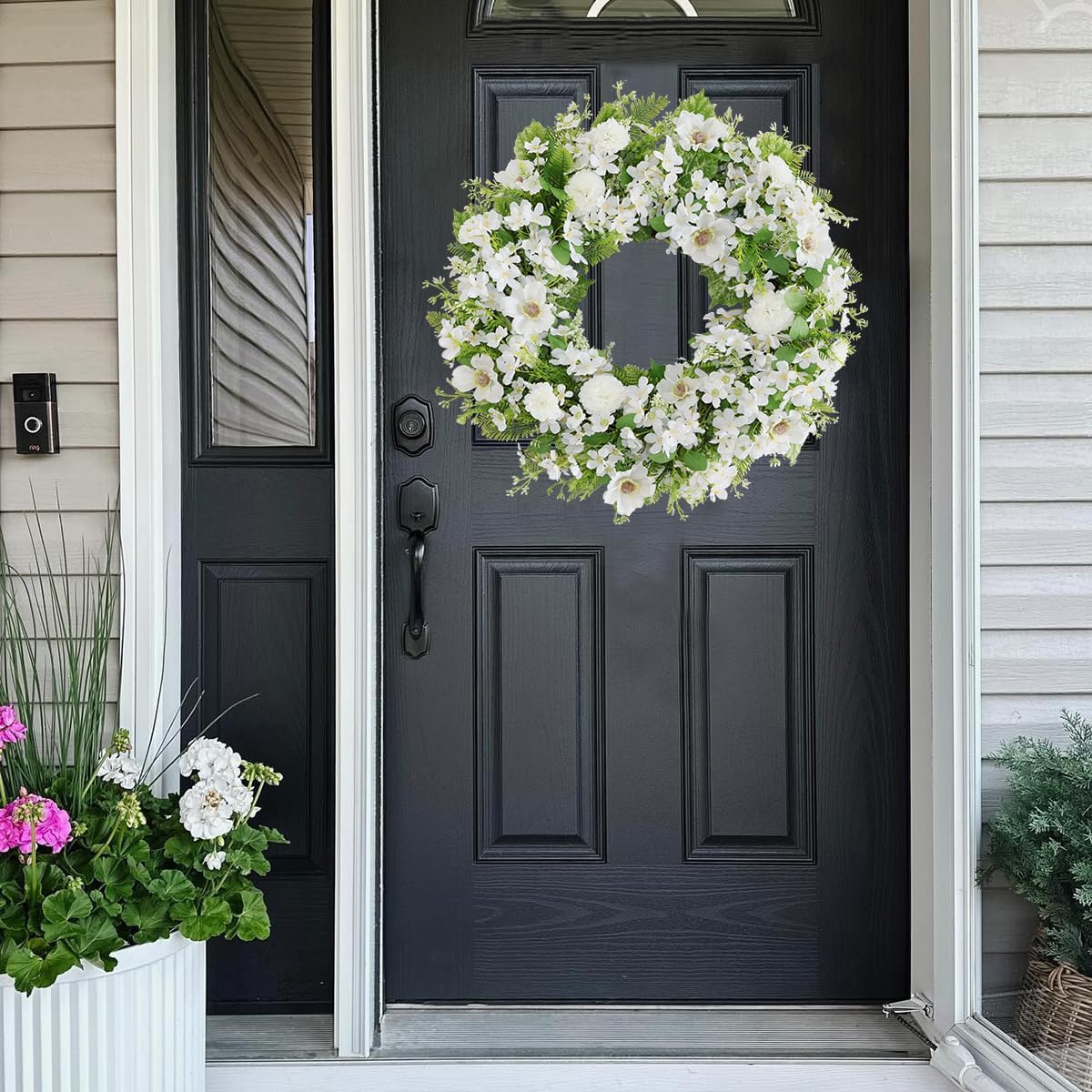 White Faux Silk Flower Wreath 24-26 Inch Front Door Decor