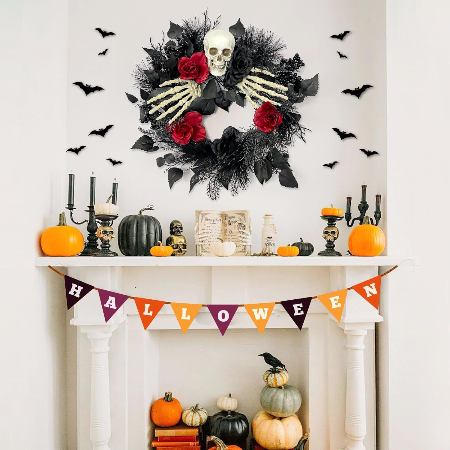 Halloween Skull Wreath with Hands 16 Inch Gothic Garland Decor