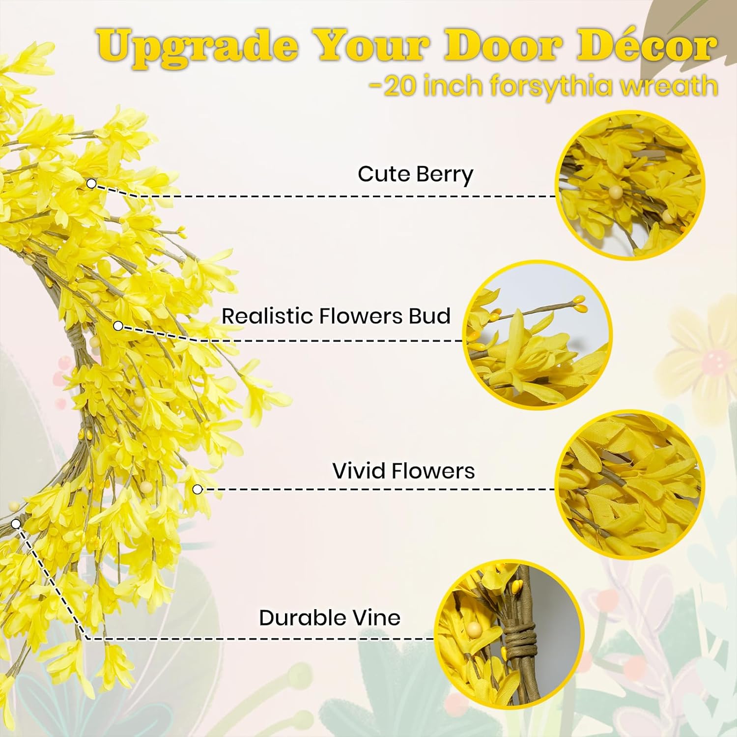 20 inch Artificial Forsythia Wreath for Front Door and Porch Decor