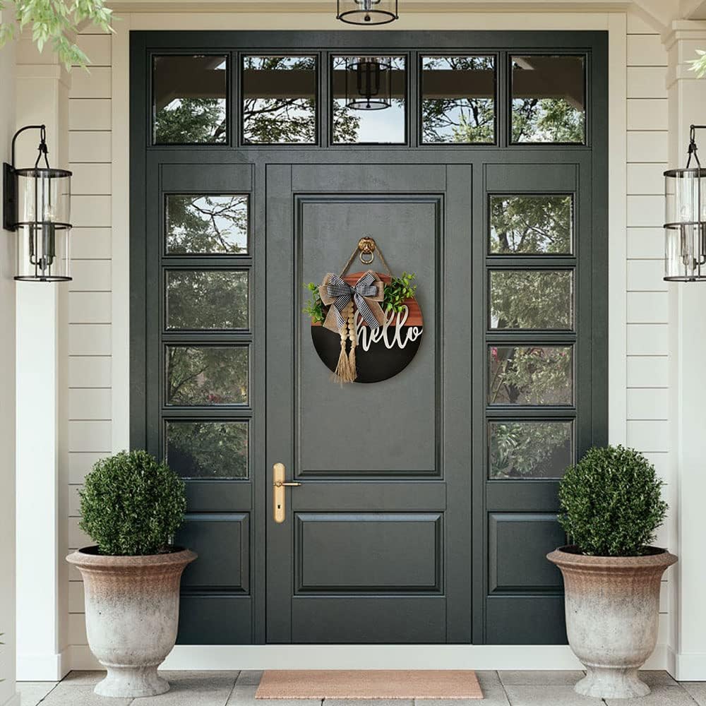 S_SSOY Hello Door Wreath Front Door Decor Black Brown