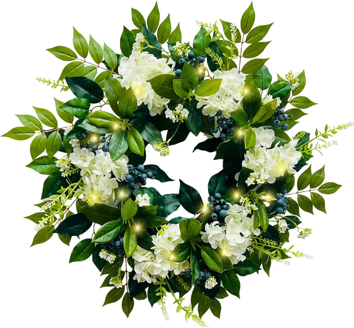22 Inch Lighted Hydrangea Wreath with Timer for All Seasons
