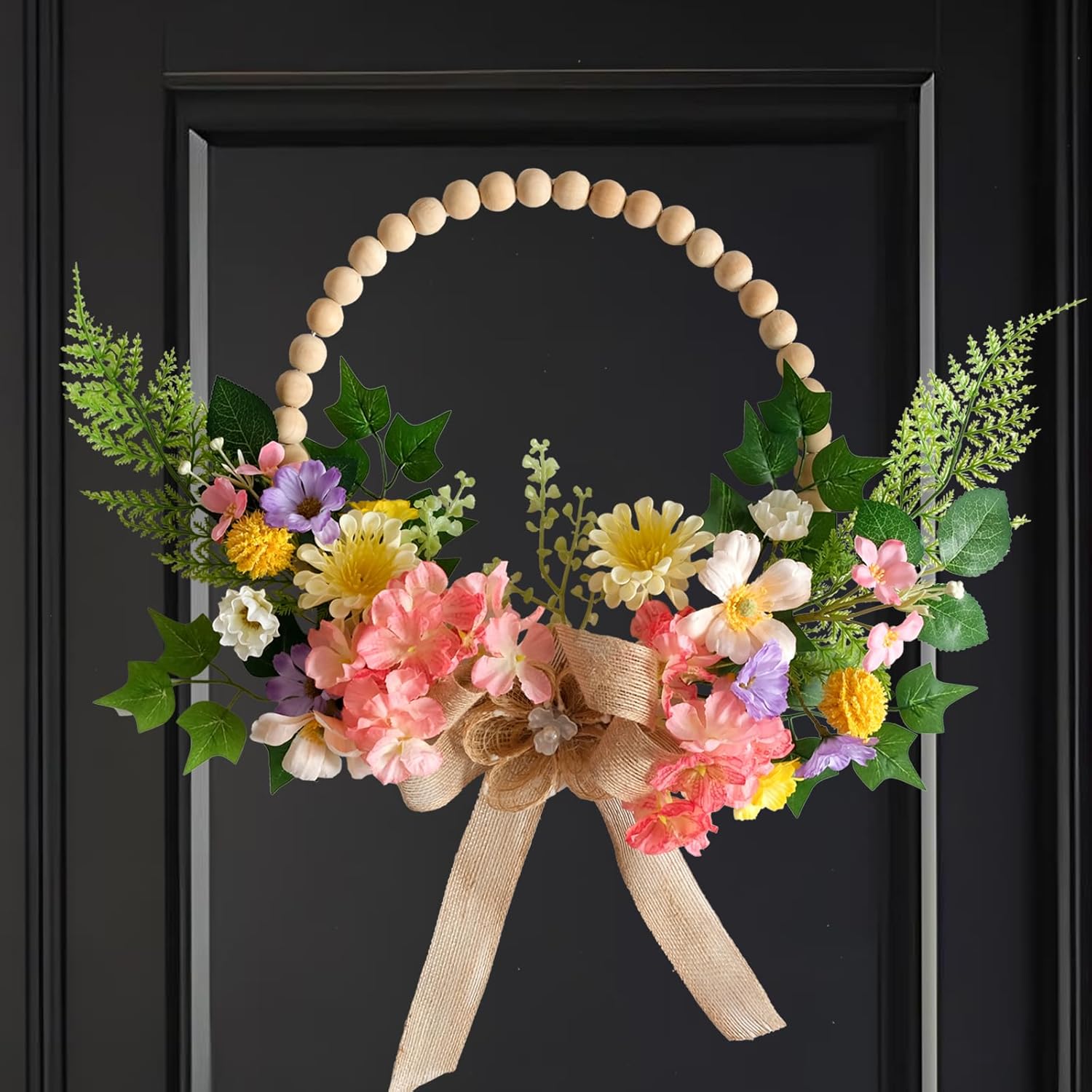 TEMPUS 16 Inch Artificial Spring Wooden Bead Wreath with Flower Bow Summer Hydrangea Wreath Home Decorations