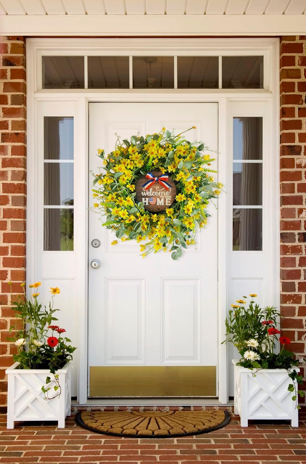 VYG Yellow Daisy Wreath 22 Inch Patriotic Welcome Sign