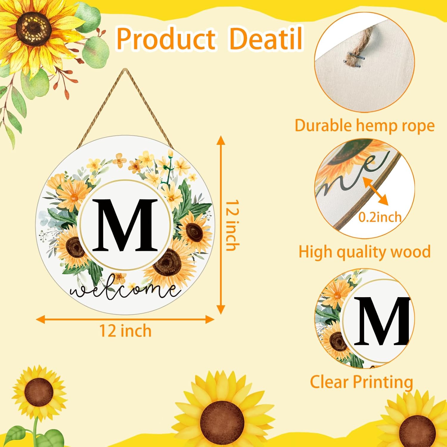 Sunflower Monogram Letter M Wreath Front Door Decor