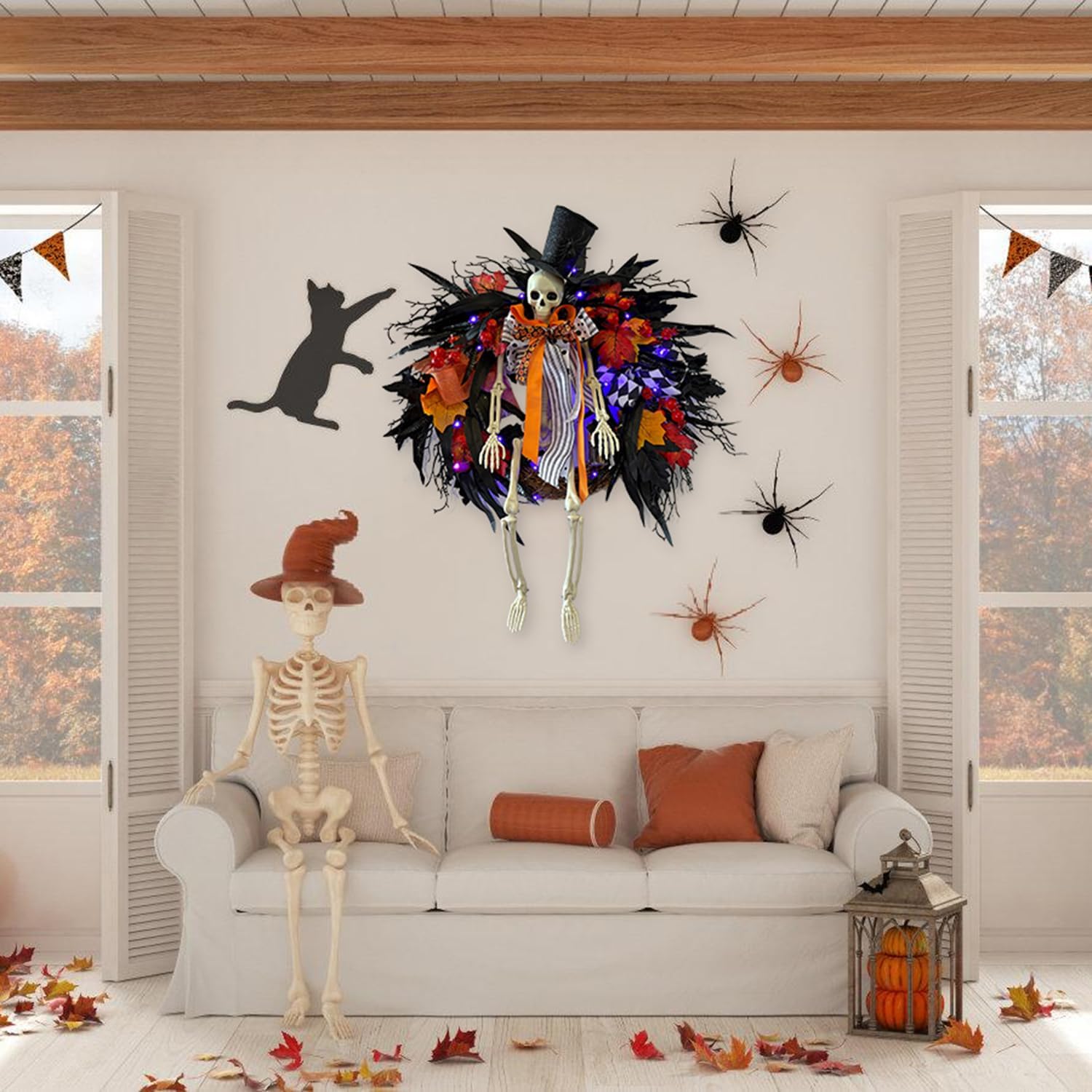 28 Inch Halloween Skeleton Wreath with Lights