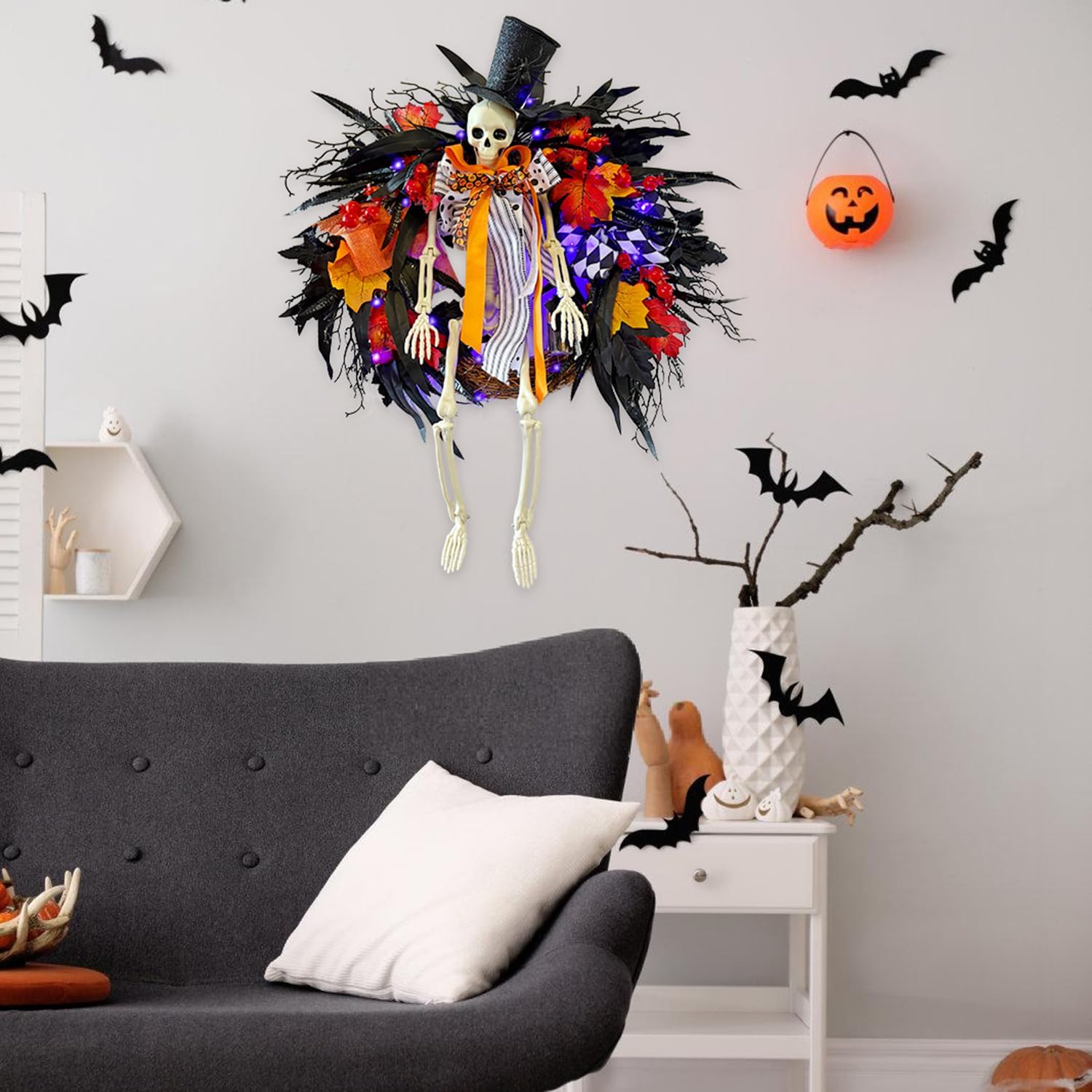 28 Inch Halloween Skeleton Wreath with Lights
