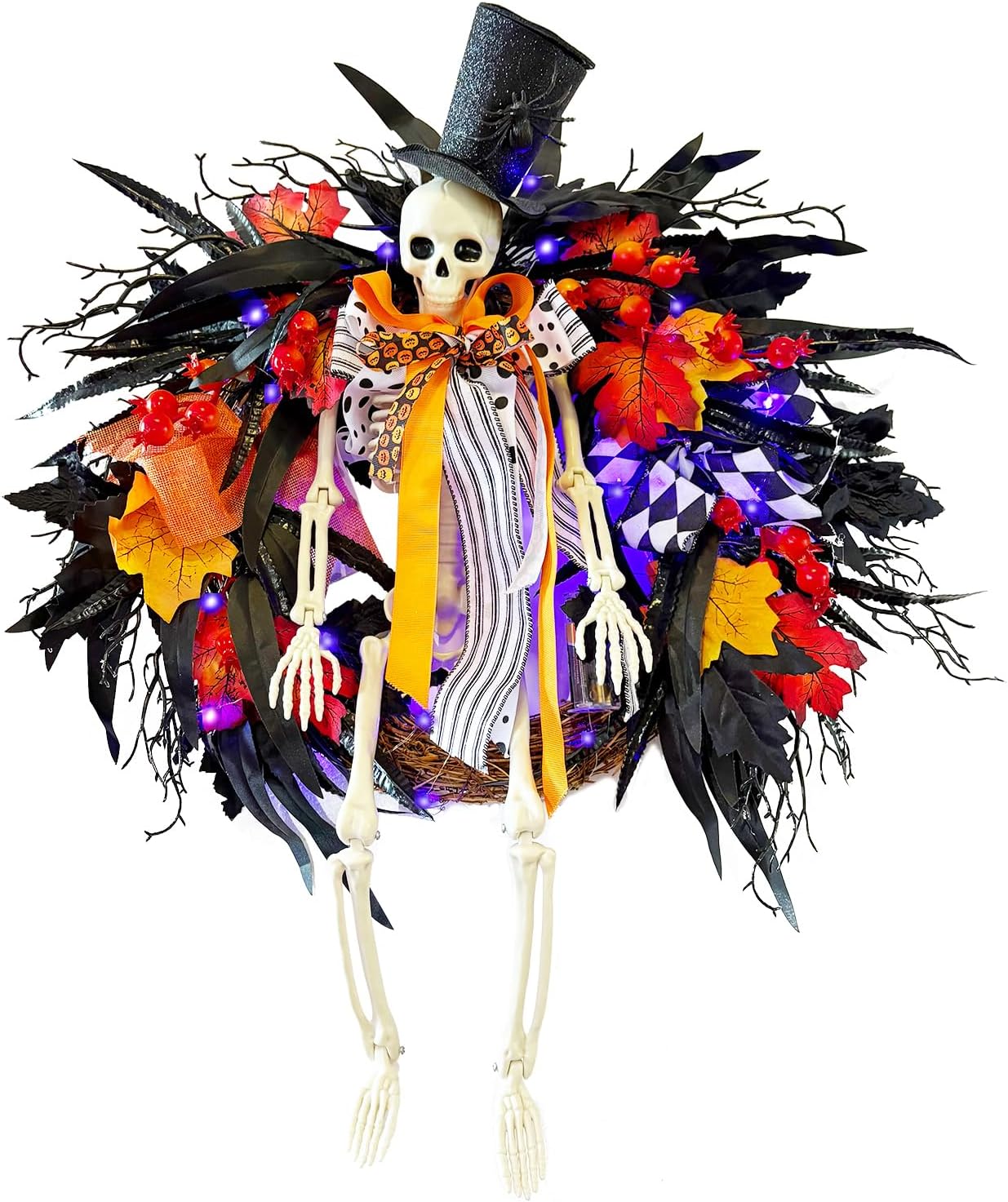 28 Inch Halloween Skeleton Wreath with Lights