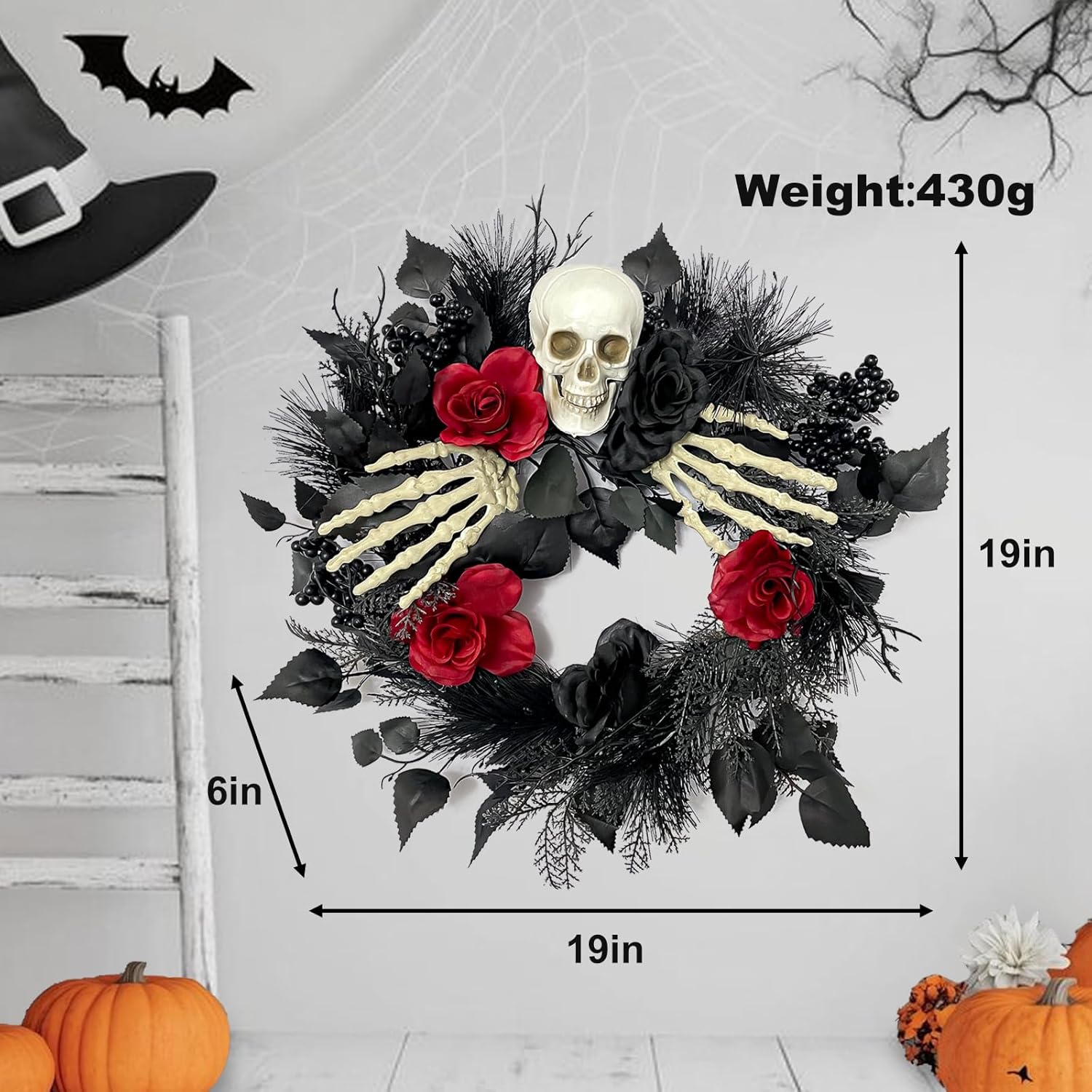 Halloween Skull Wreath with Hands 16 Inch Gothic Garland Decor