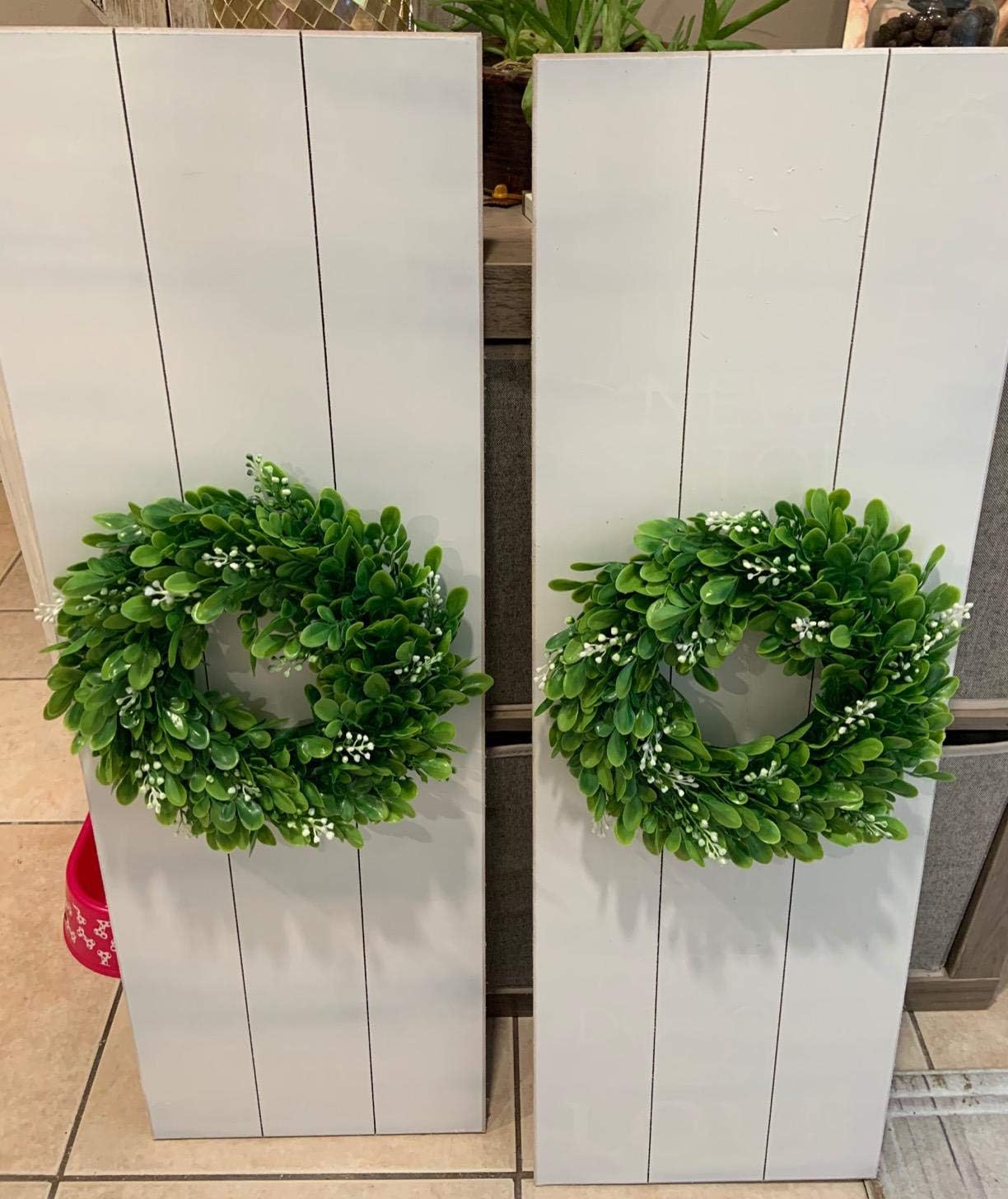 4 Pack Artificial Green Leaves Wreath - 11 Inch Boxwood Wreaths with White Flowers for Window Wall Wedding Decor