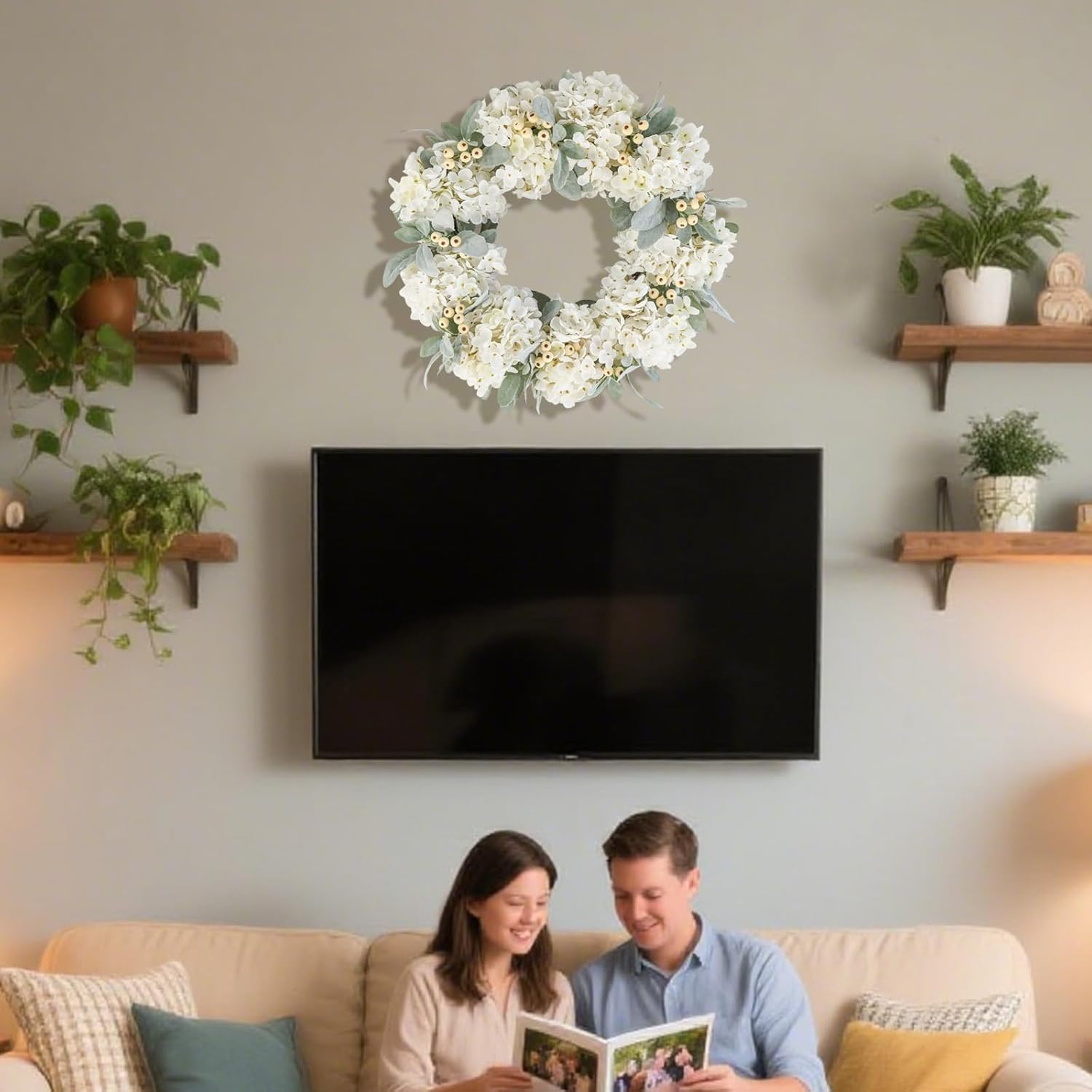 Cream Hydrangea Wreath for Front Door Wedding Decor 18 Inch