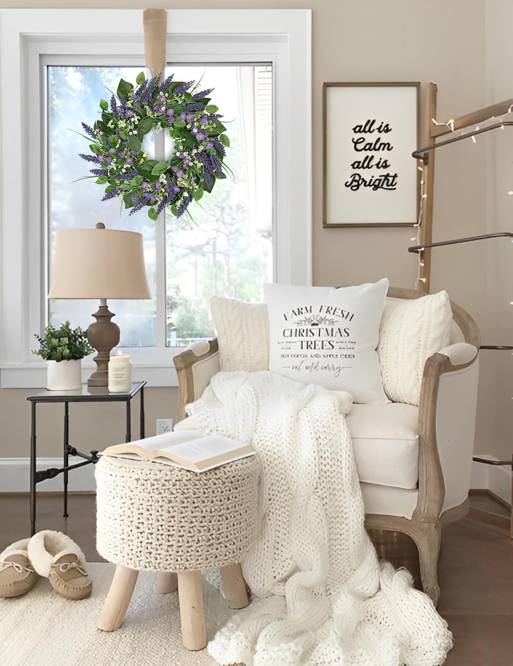 Lavender Wreath for Front Door 20 inch Artificial Farmhouse Decor