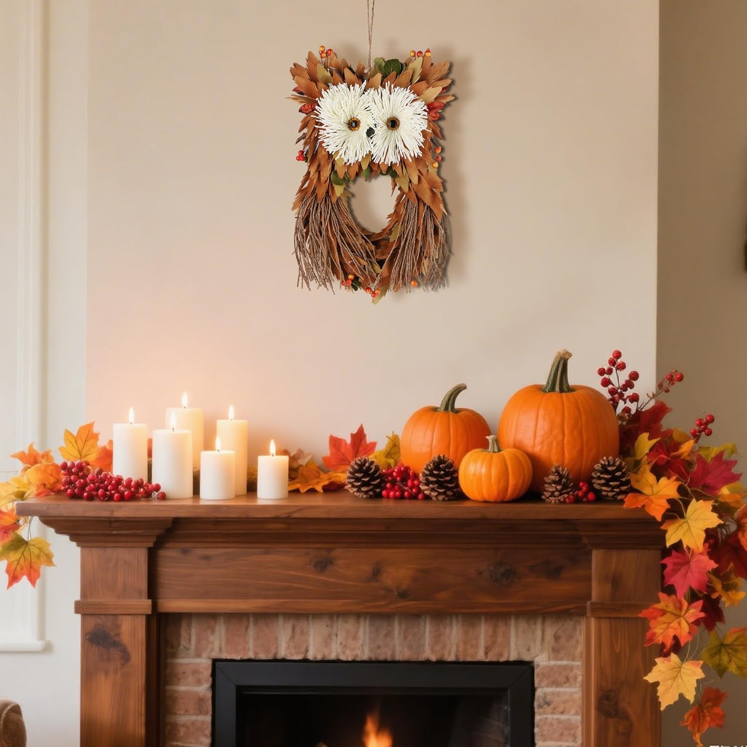 Winemana Owl Fall Wreath 14 Inch Handmade Decor