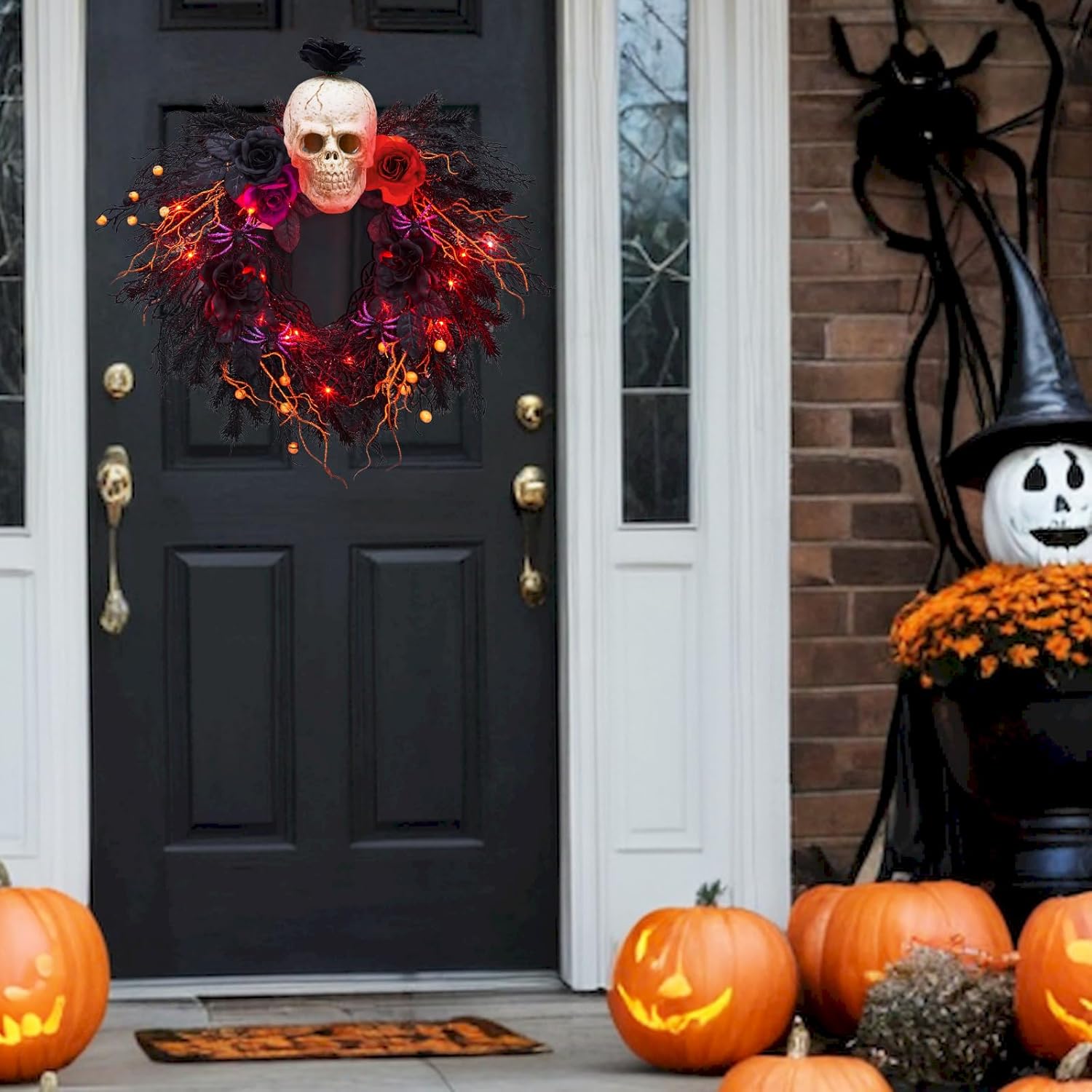 20 Inch Halloween Wreath with Spider Skull Rose Lights
