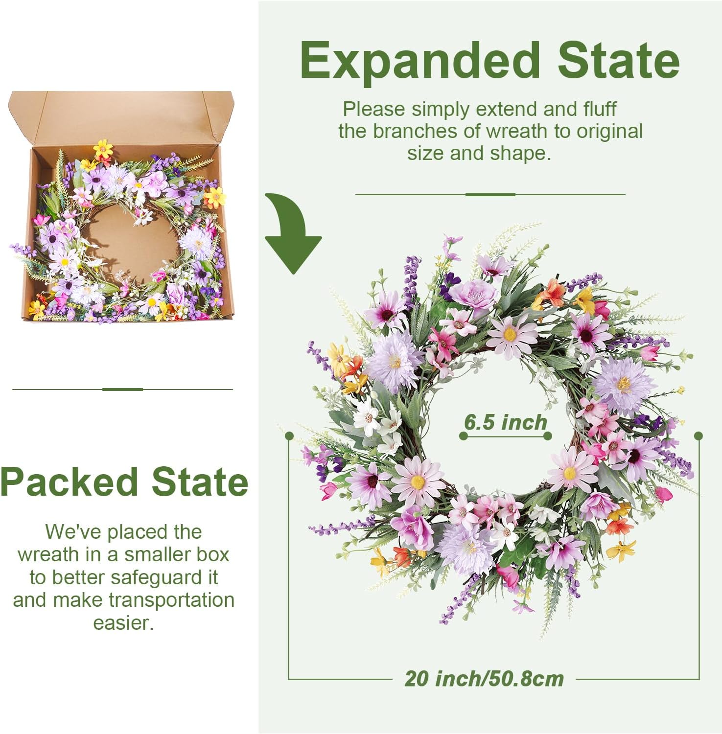 20 Inch Purple Wildflower Summer Wreath for Front Door
