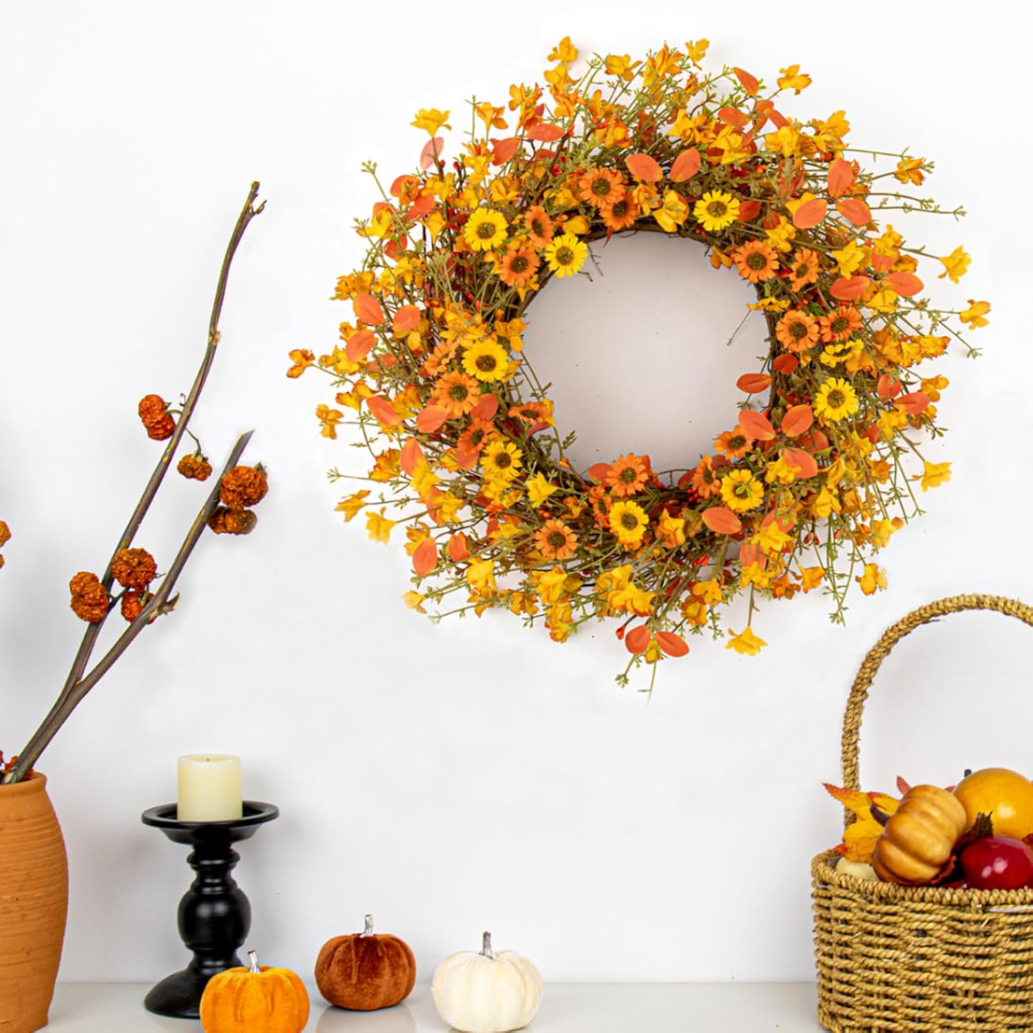 18 Inches Rustic Fall Wreath with Wildflowers