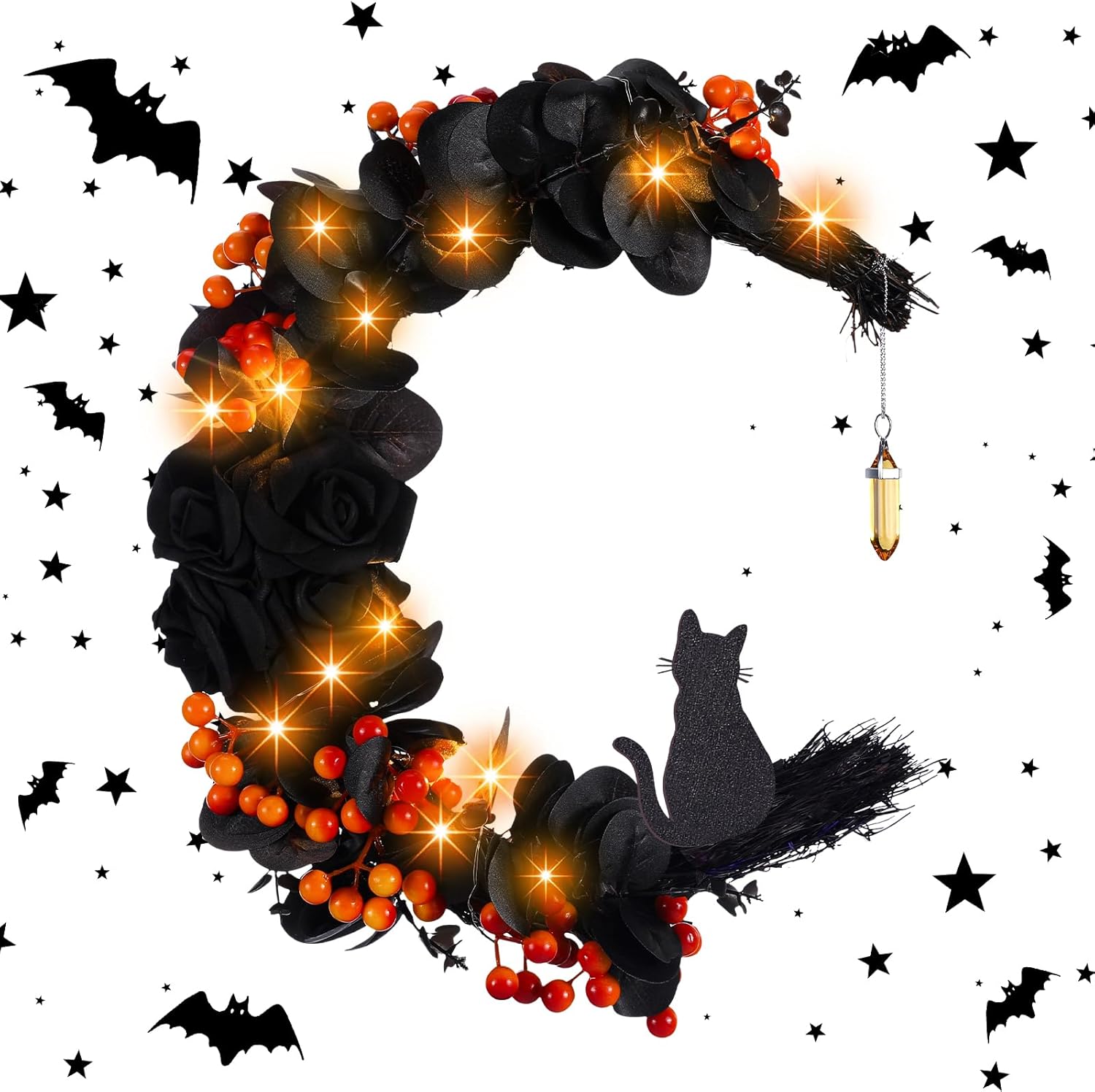 Ceenna Halloween Moon Cat Wreath with Black Roses