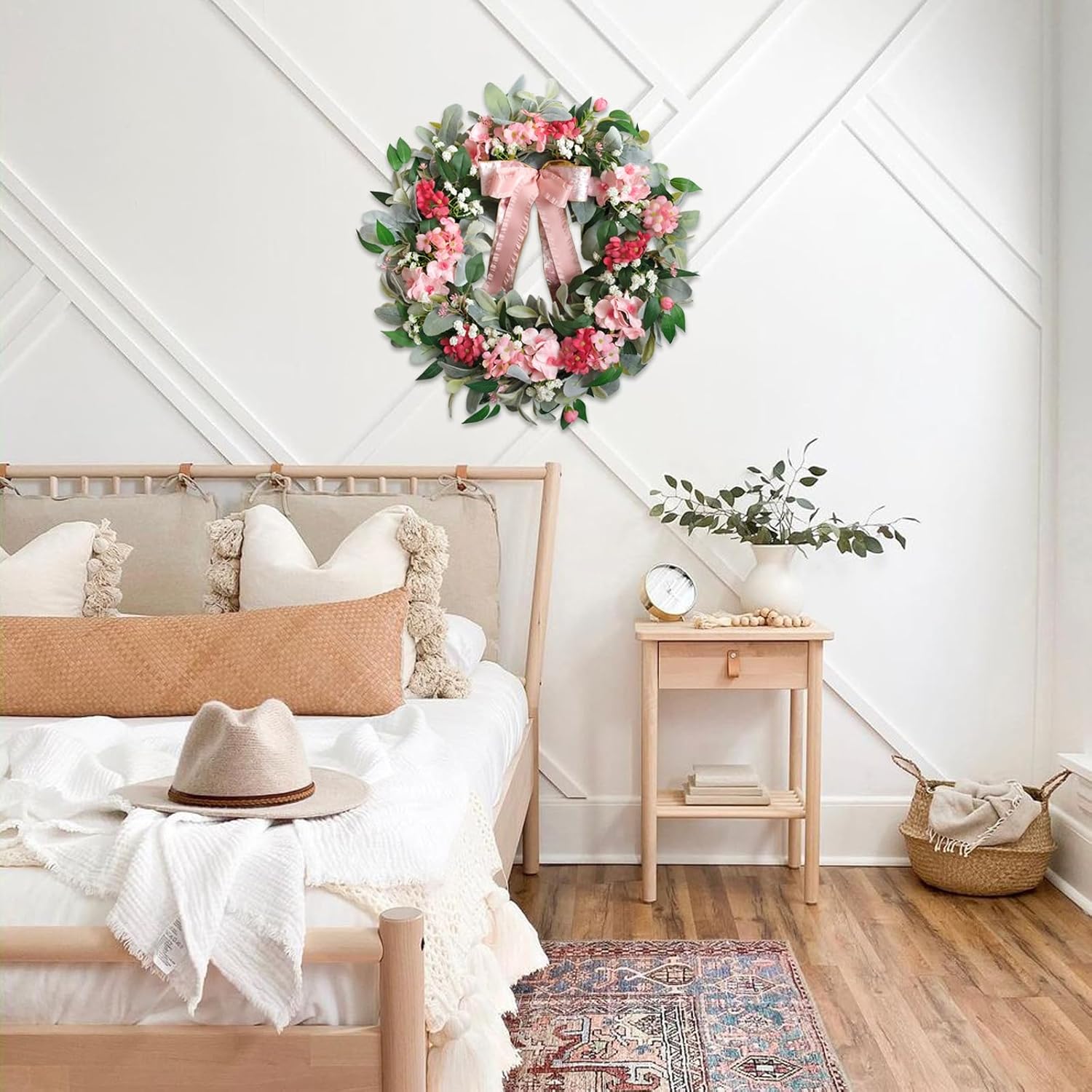 22 Inch Summer Wreath with Hydrangea and Lambs Leaves for Front Door Decor