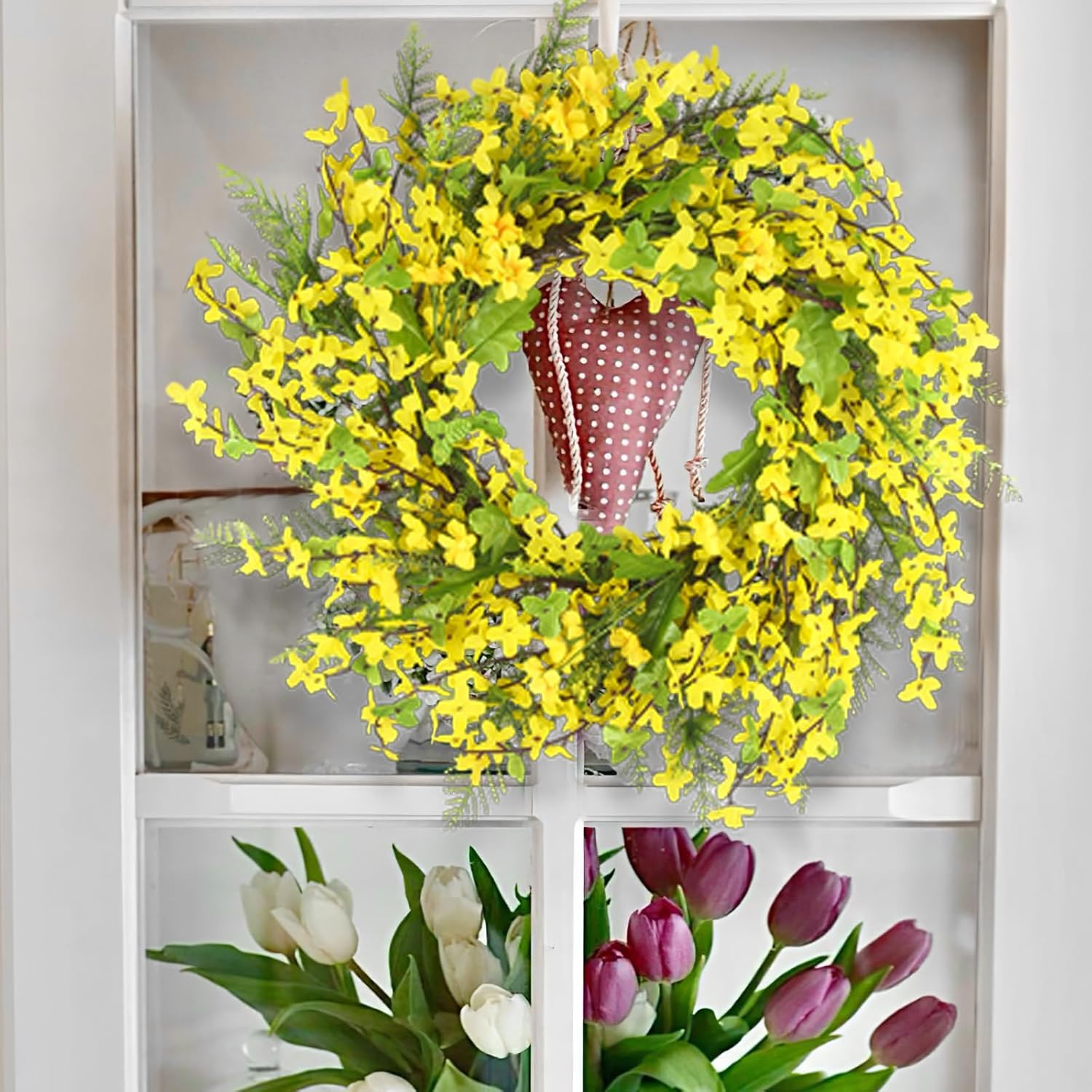 Cityes Yellow Forsythia Spring Wreath 20 Inches Artificial Floral Wreath for Front Door Decor