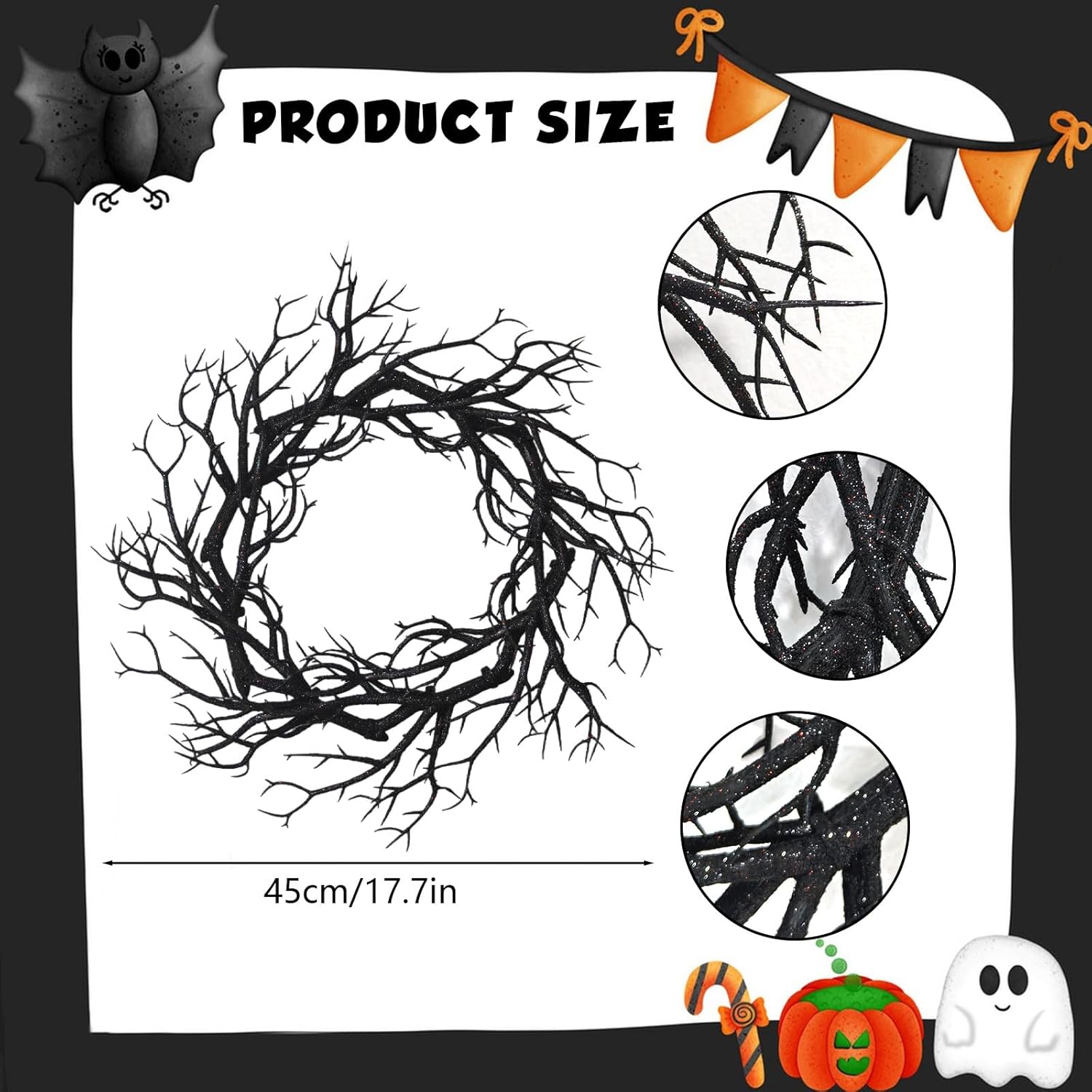 Halloween Black Branch Wreath with Light 165 Inch Artificial Hanging Decor