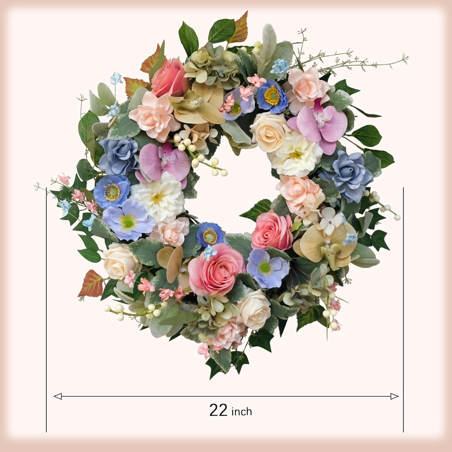 22 Inch Artificial Flower Wreath with Roses Orchid Gardenia Hydrangea