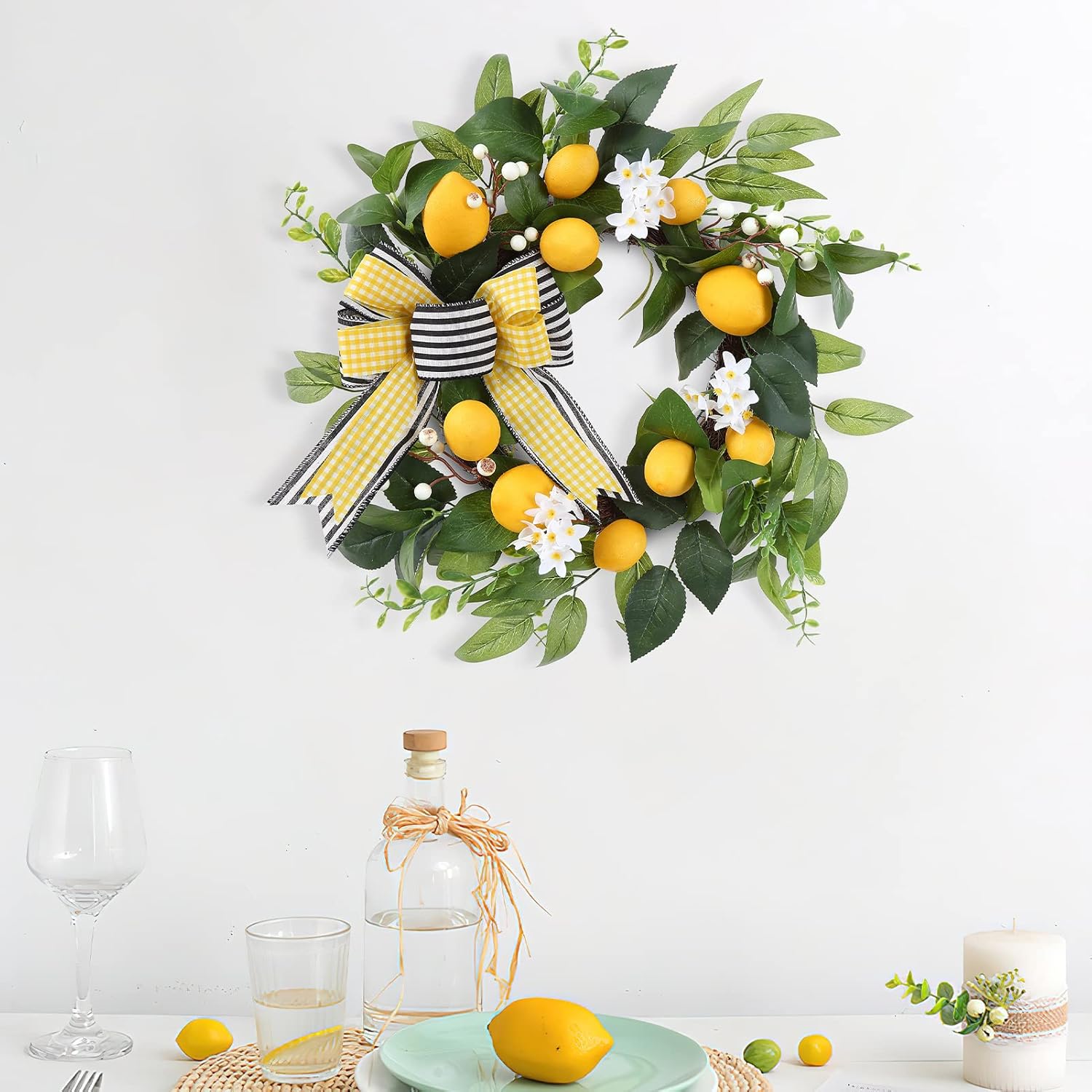 20 Inch Lemon Wreath for Front Door with Daisy Bow Eucalyptus Leaves and White Berries