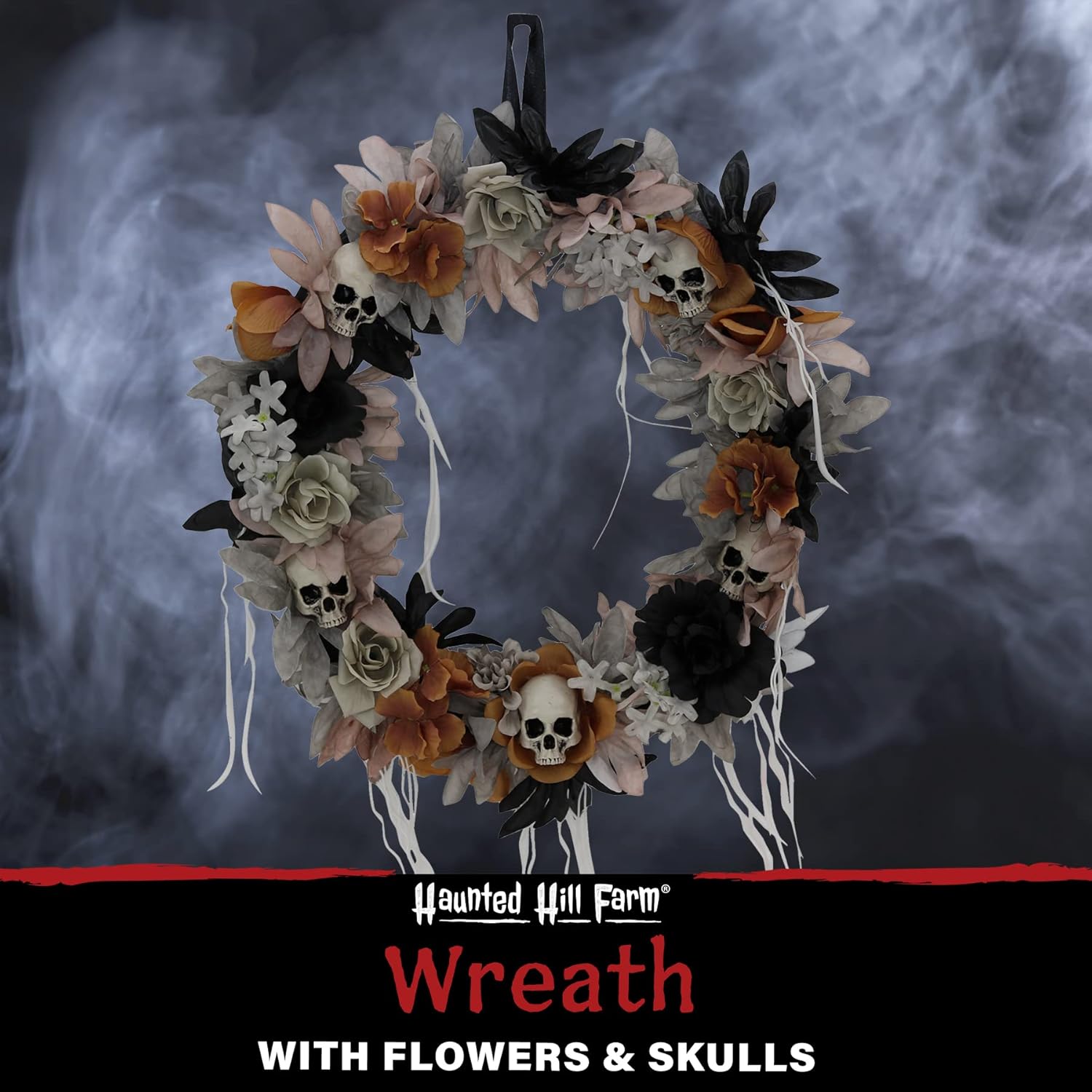 Haunted Hill Farm Gothic Skull Wreath with Multicolor Flowers