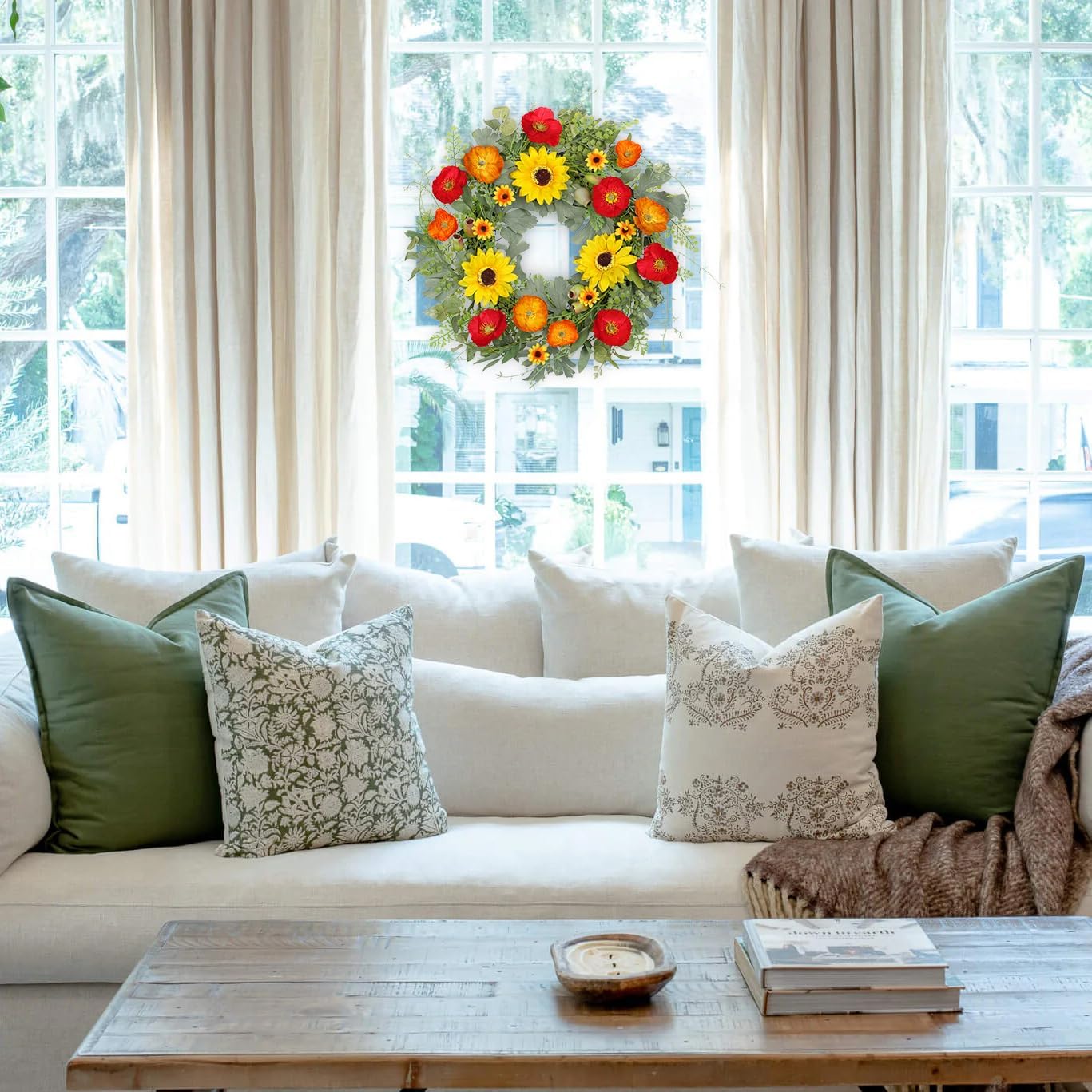 Hollyone 20 Inch Artificial Spring Wreath with Sunflowers and Eucalyptus Leaves