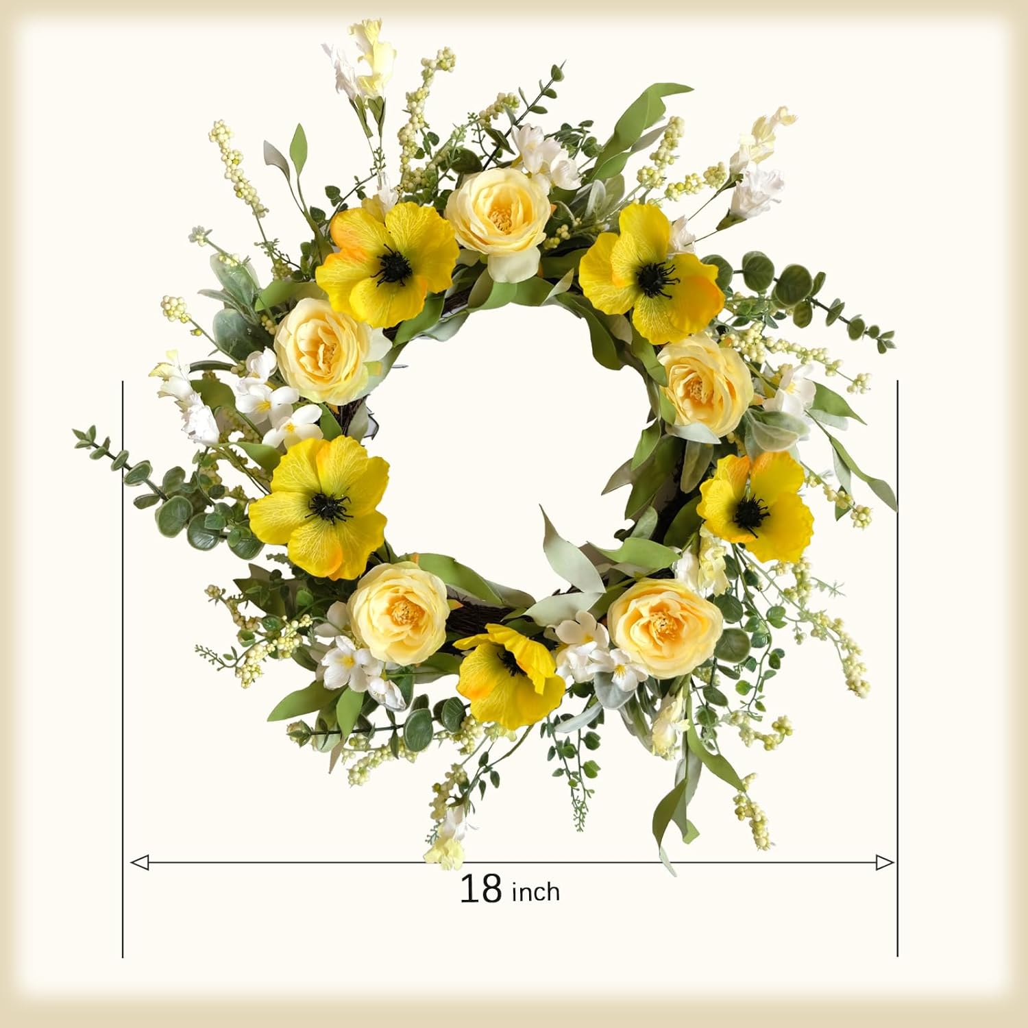 Floribus Summer Wreath Yellow Flowers with Roses Poppies Lavender 18 Inch Front Door Decor