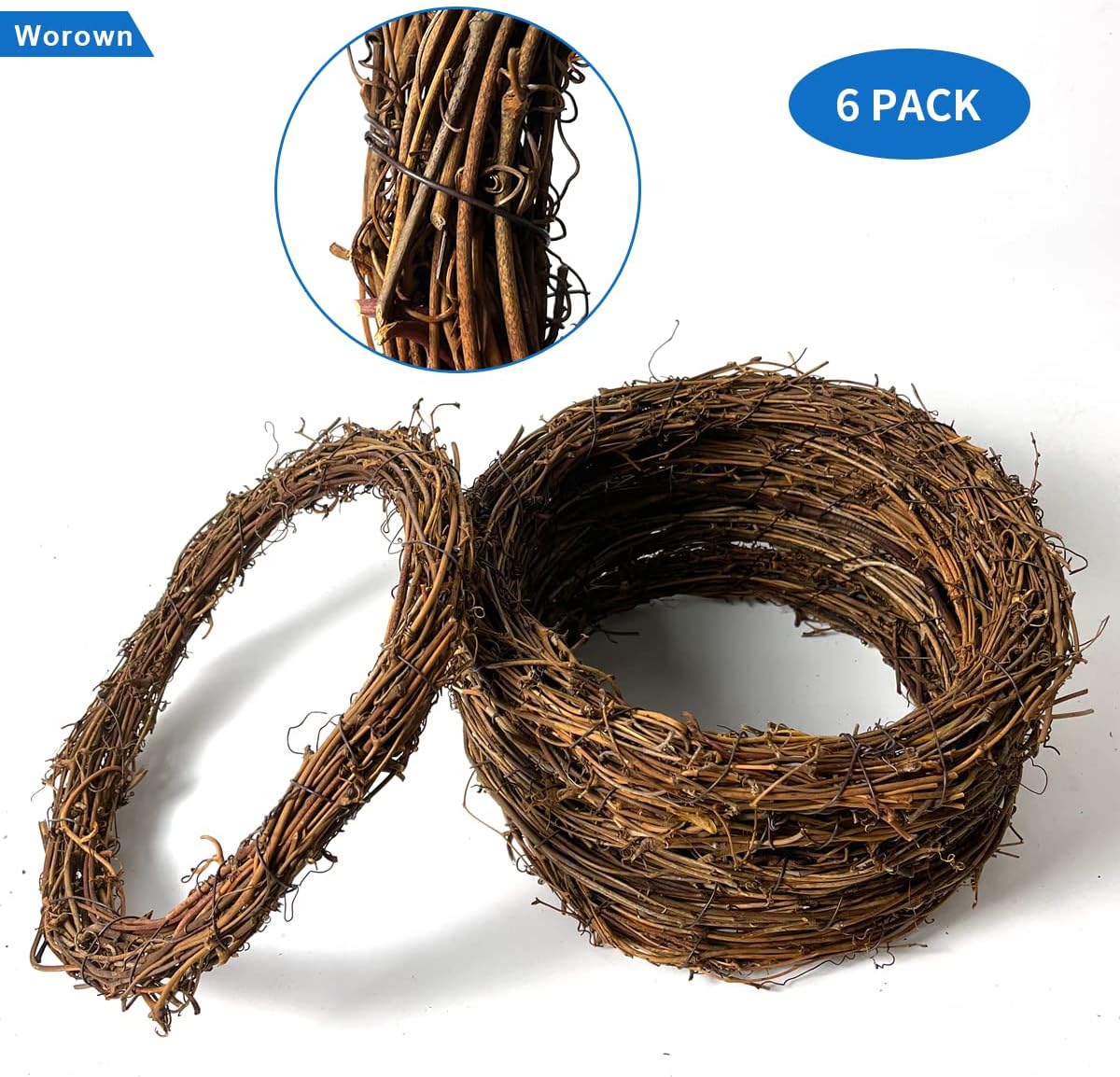 Worown 6 Pcs 10 Inch Natural Grapevine Wreaths for DIY Crafts