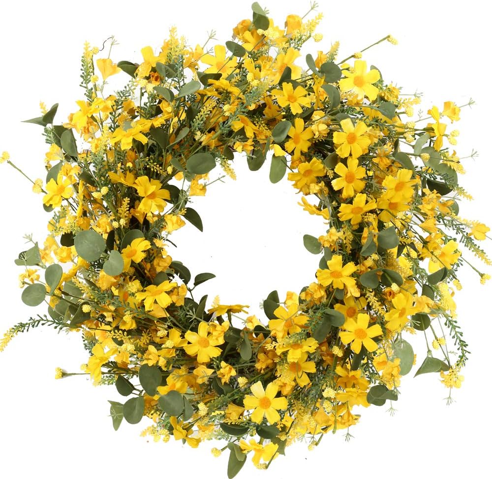 JFLORU 22 Inch Yellow Daisy Spring Wreath for Front Door and Home Decor