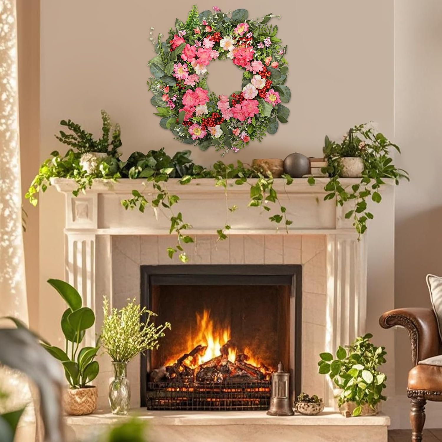 18 Inch Colorful Wildflower Wreath with Green Leaves for Home Front Door Wedding Dcor