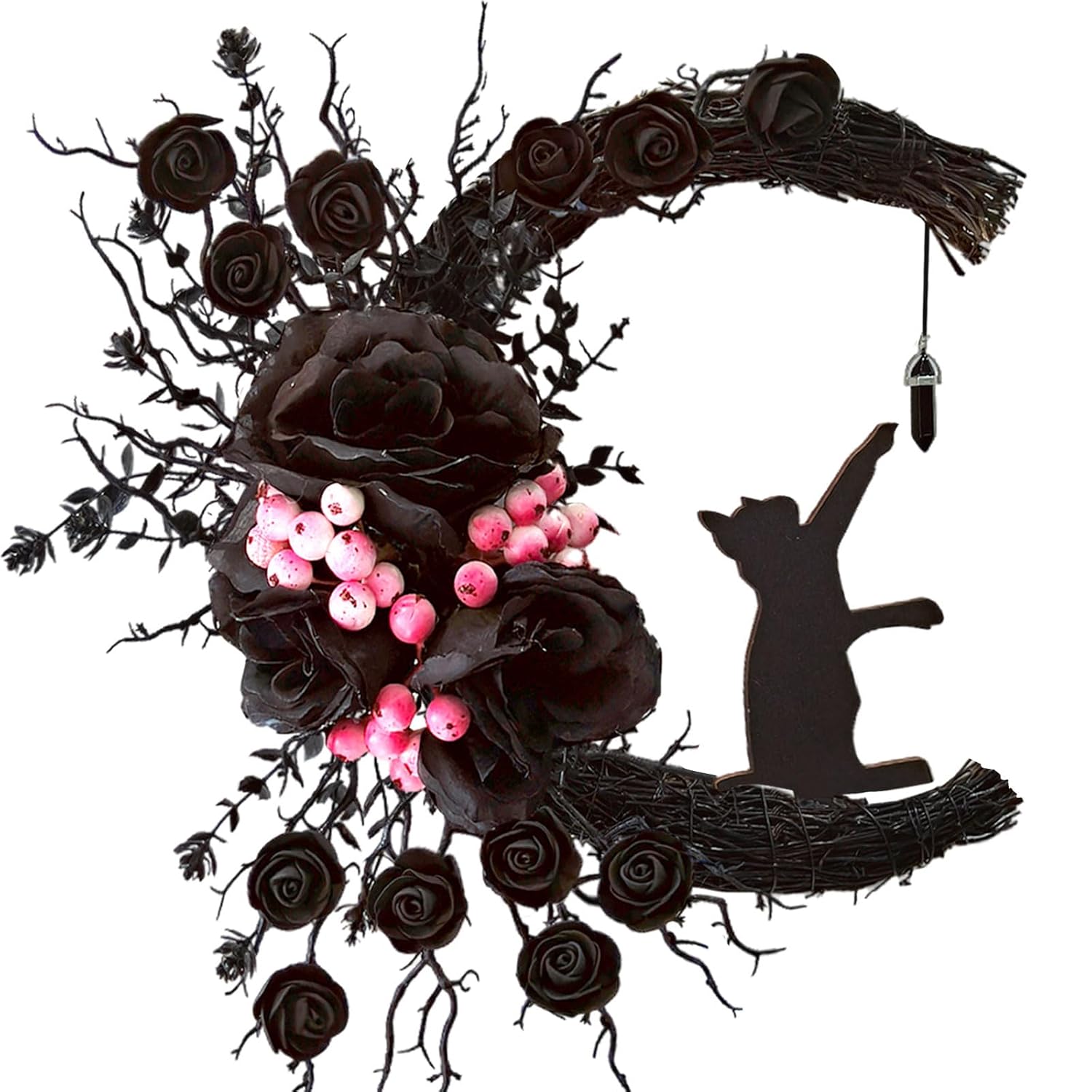 Spooky Halloween Wreath with Lights Black Cat Moon Door Decor