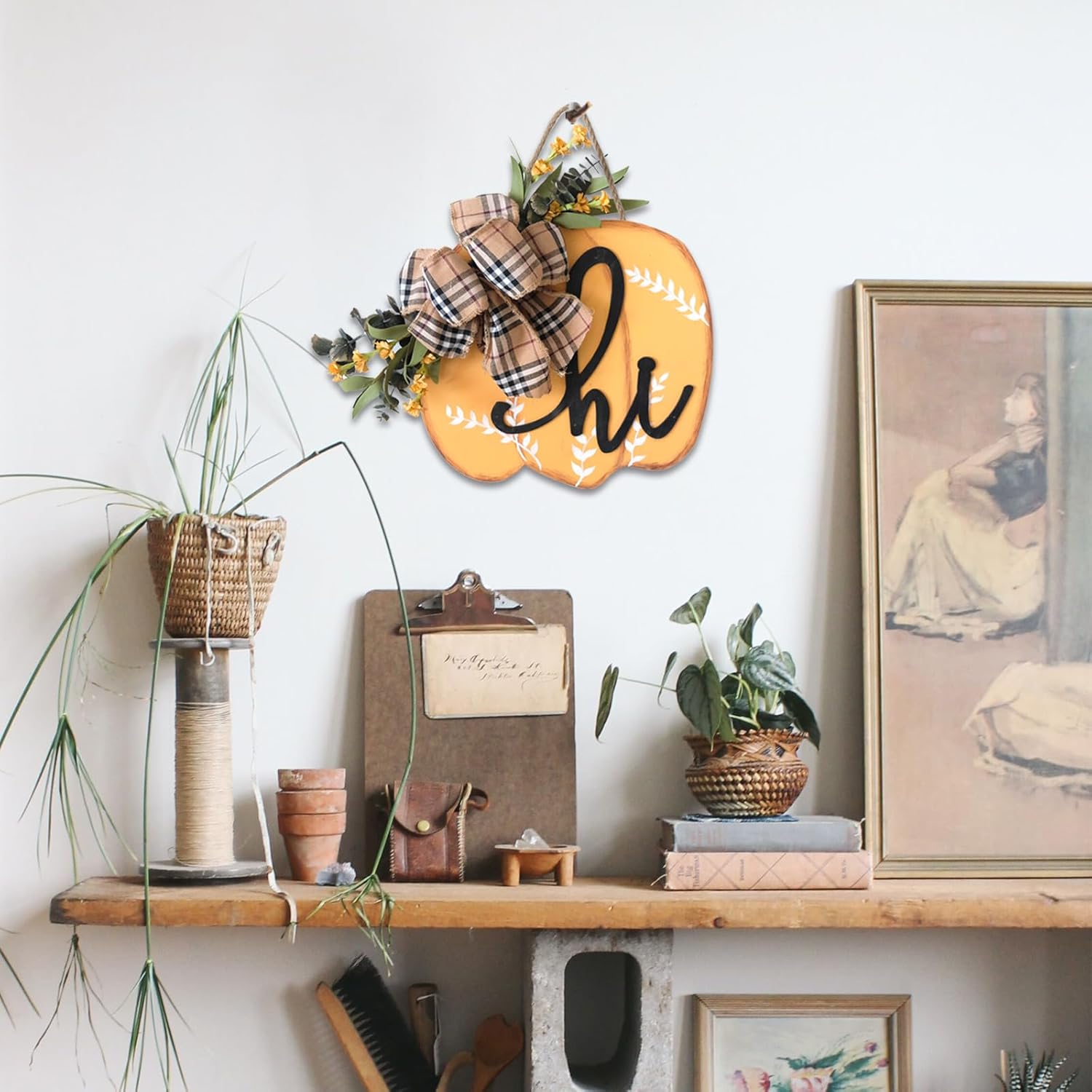Idyllic Fall Harvest Pumpkin Wreath 12 Inch Wood Decor