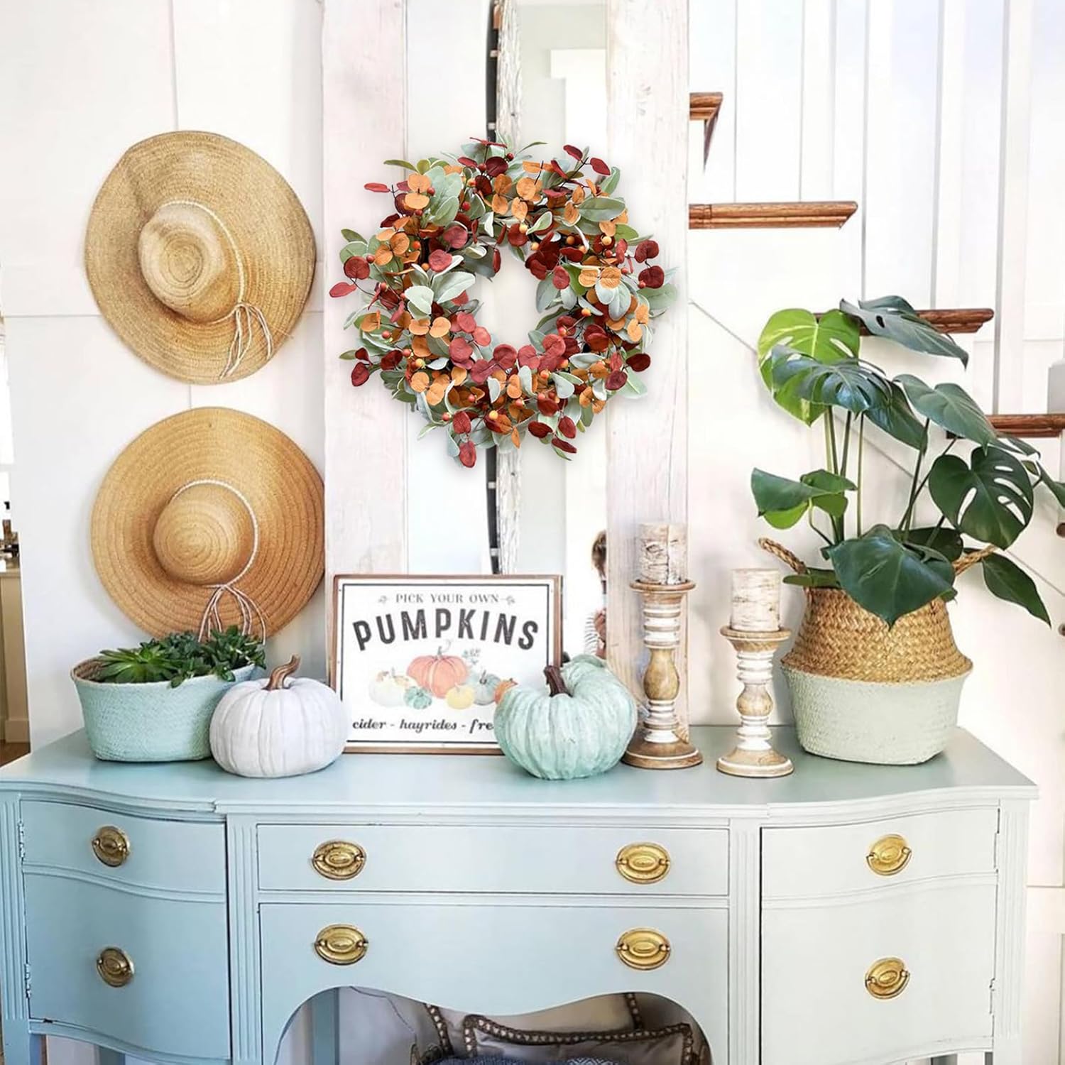 CIR OASES Fall Wreath Door Decor with Lambs Ears and Eucalyptus Leaves