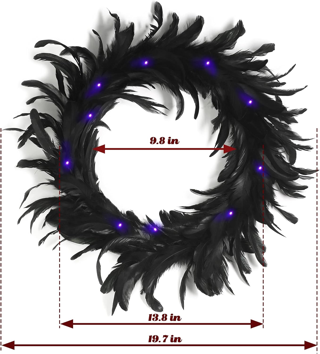 Ogrmar 157 Inch Black Feather Wreath with 30 LED Purple Lights for Halloween Decorations and Party Favors