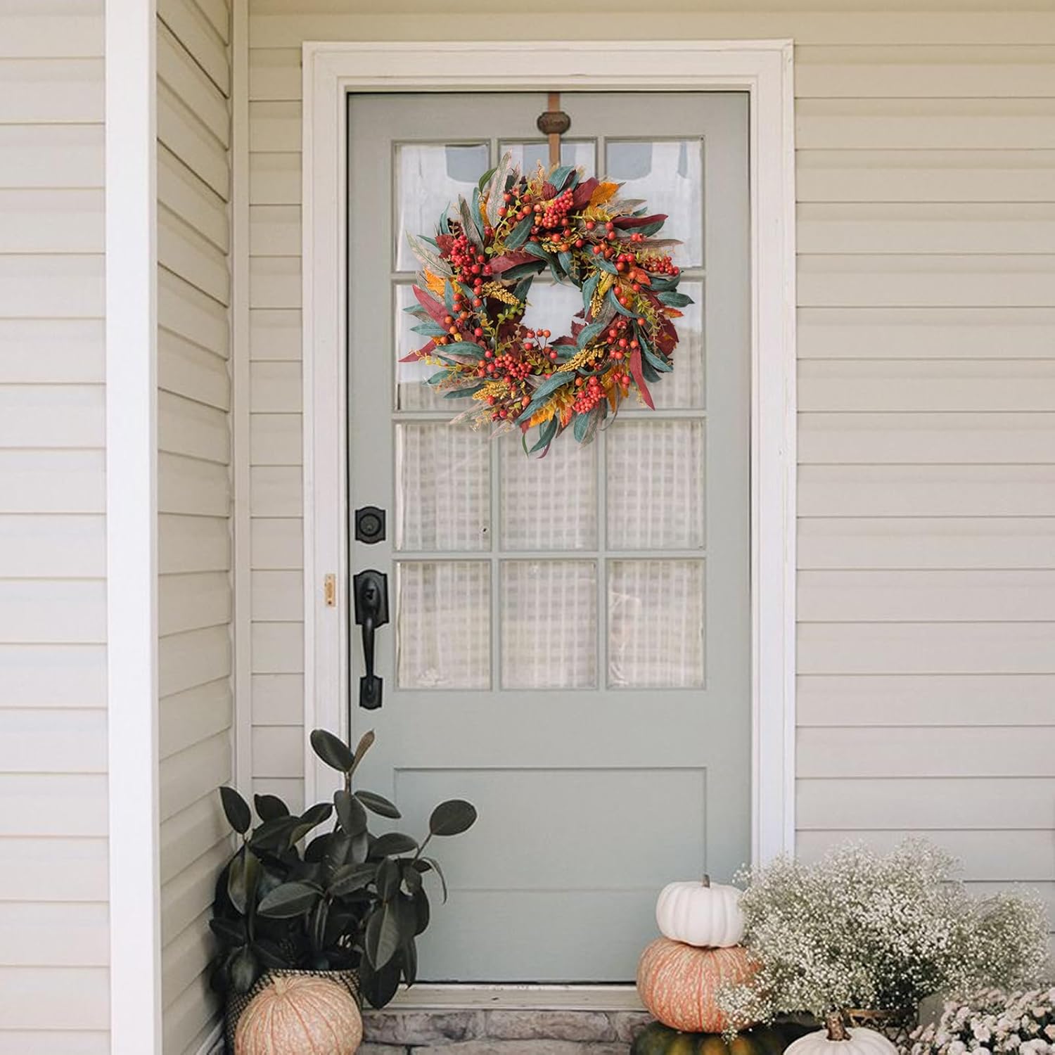 TEMPUS 22 Inch Fall Wreath Artificial Berry Willow Leaf Door Decoration