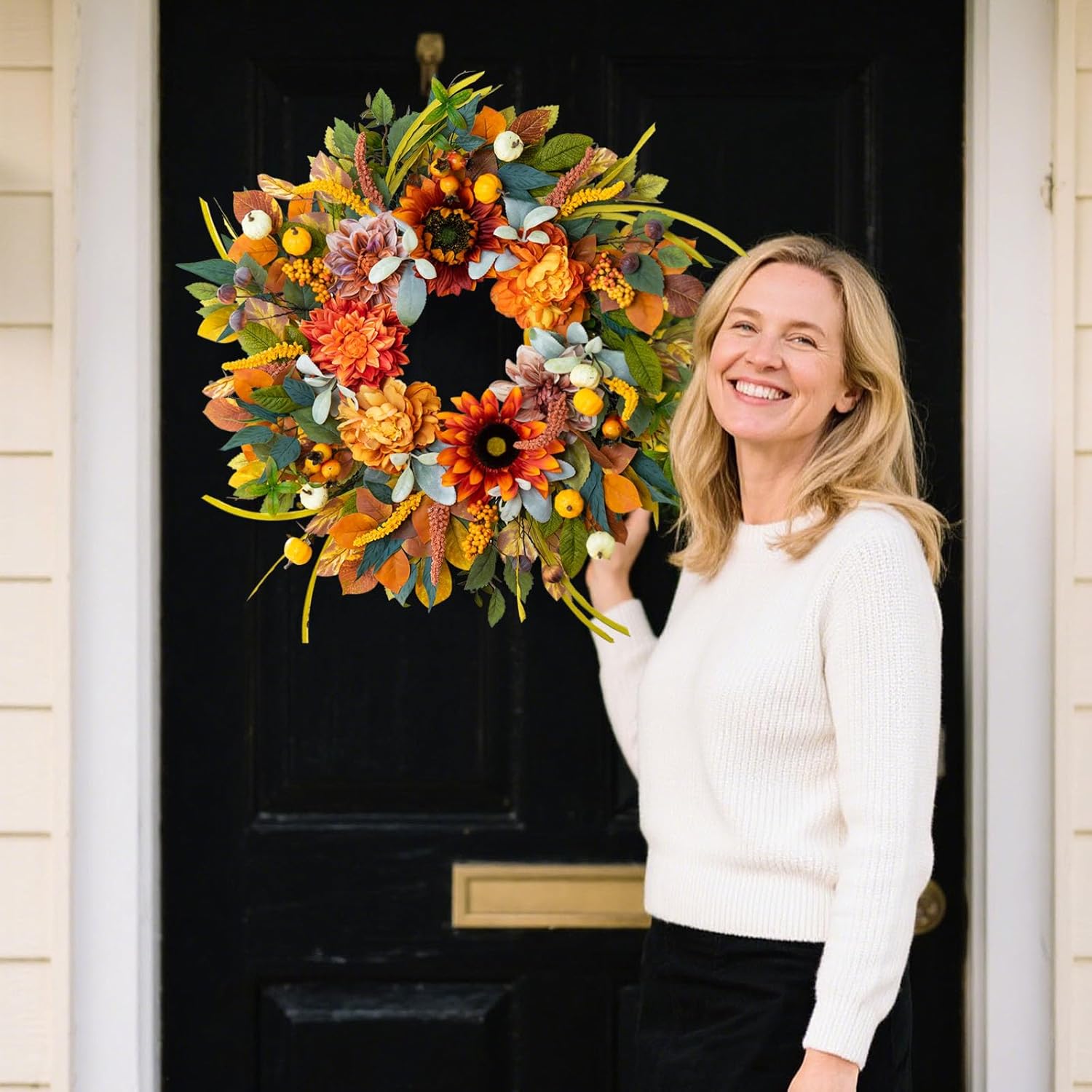 24 Inch Fall Wreath with Sunflowers Dahlias Pumpkins for Front Door