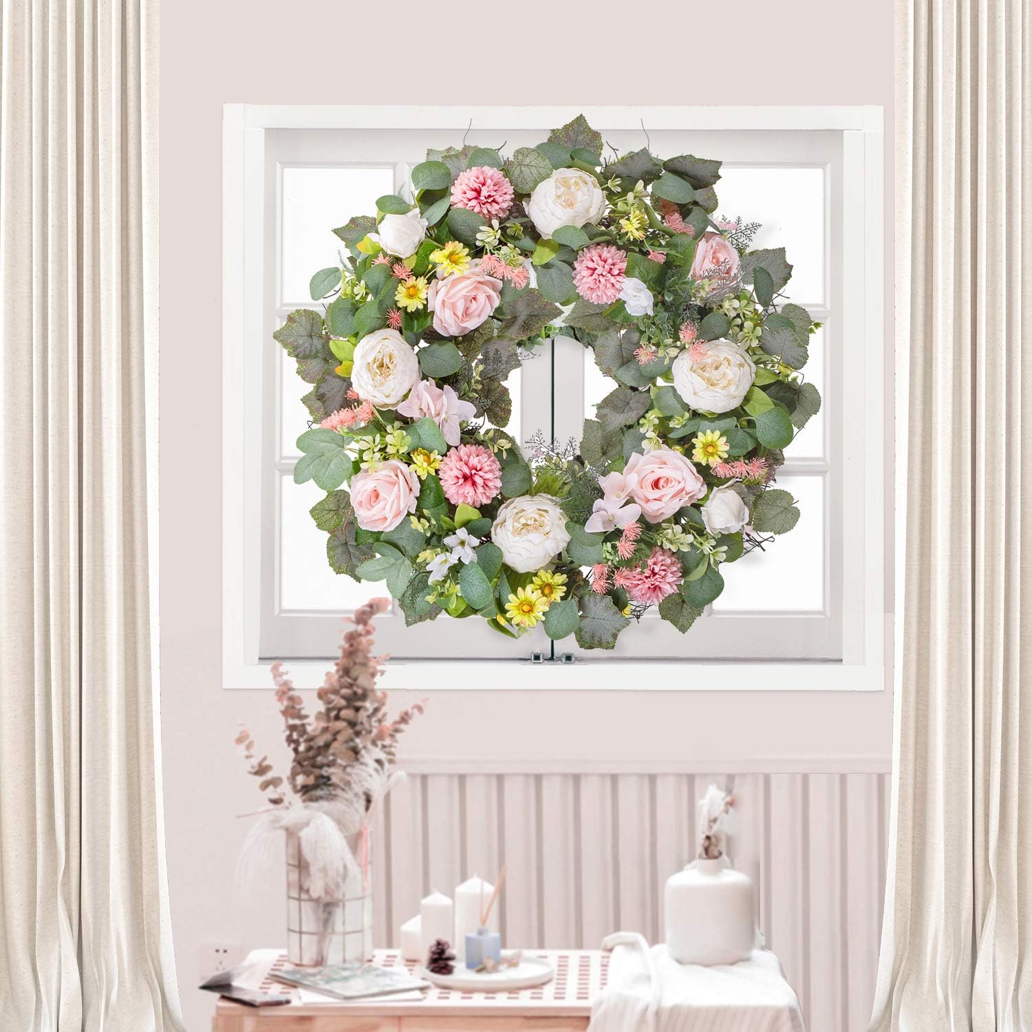 WANNA-CUL 24 Inch Spring Peony Wreath for Front Door 1