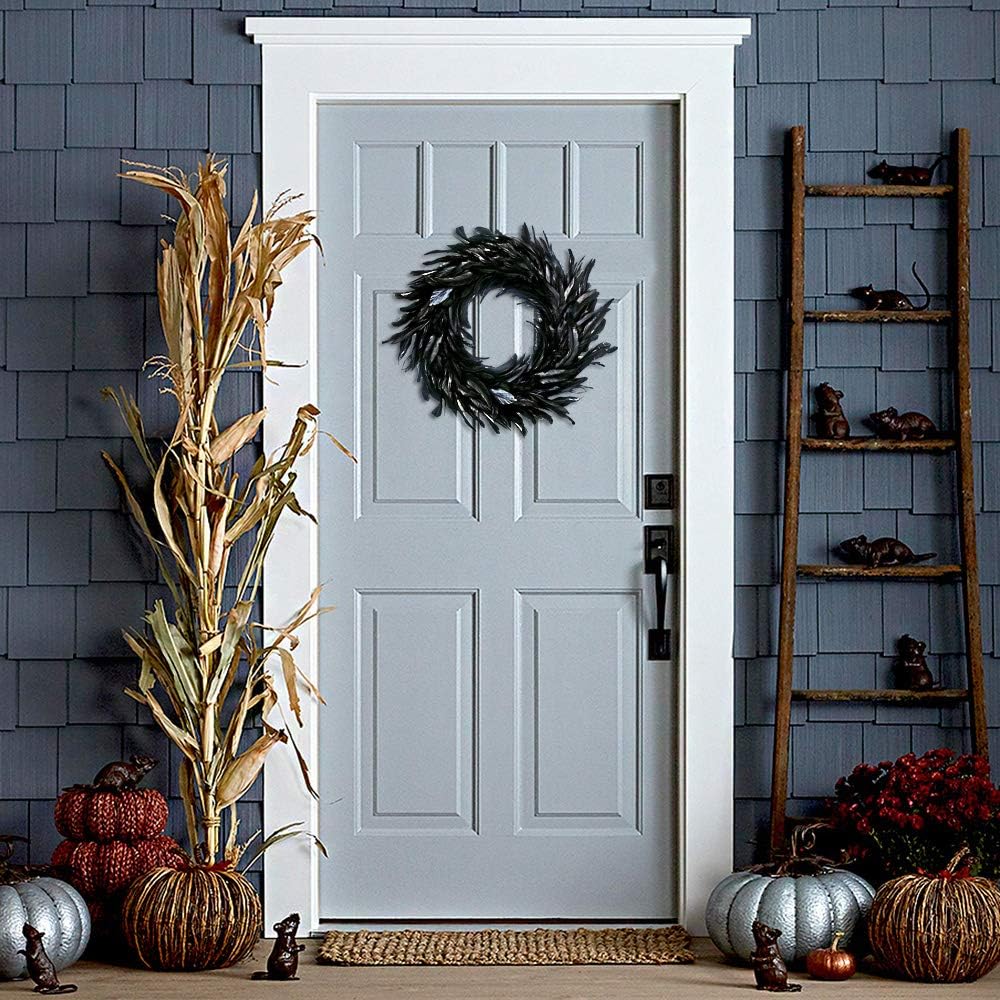 MOVINPE Black Feather Wreath - 15 Inch Halloween Decor Prop