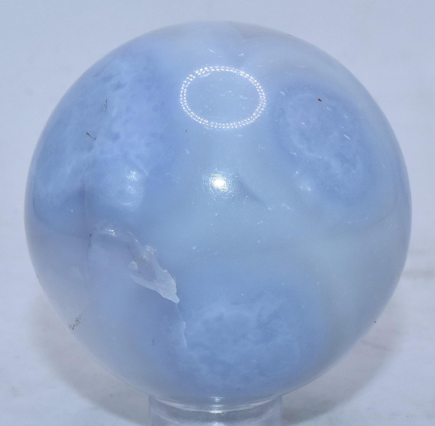 Pair 45mm Blue Chalcedony Carved Spheres with Stand