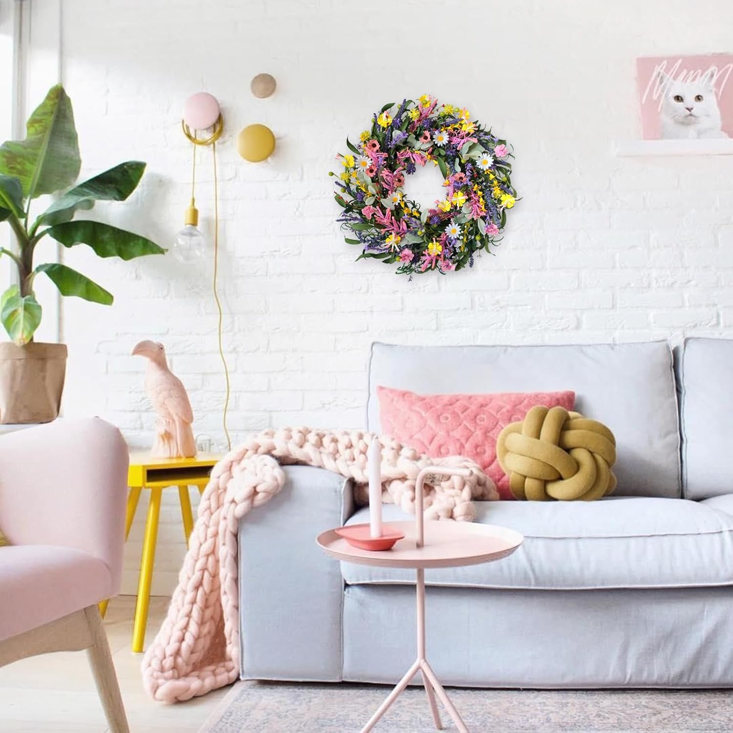 Bibelot Spring Wreath for Front Door 22 Inch Artificial Floral Decor with Daisy Lavender and Wildflowers