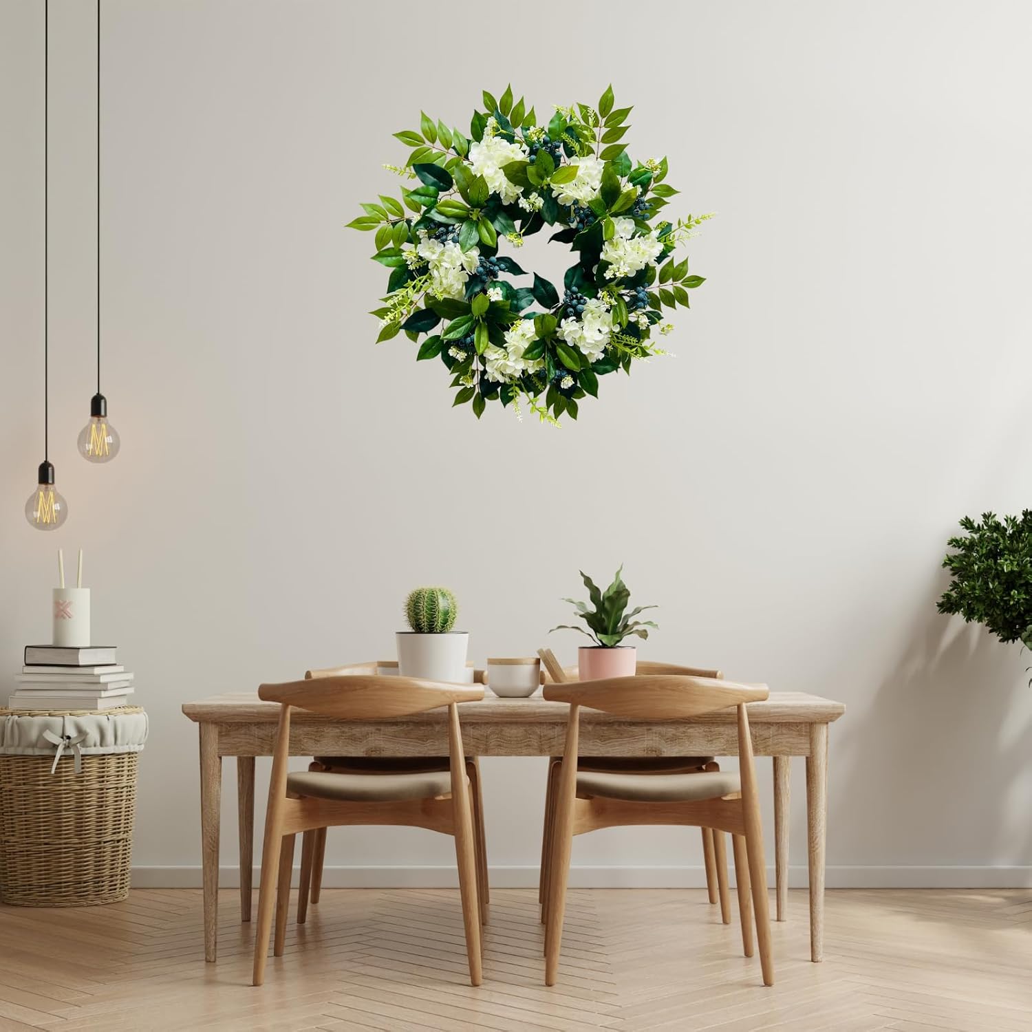 22 Inch Lighted Hydrangea Wreath with Timer for All Seasons