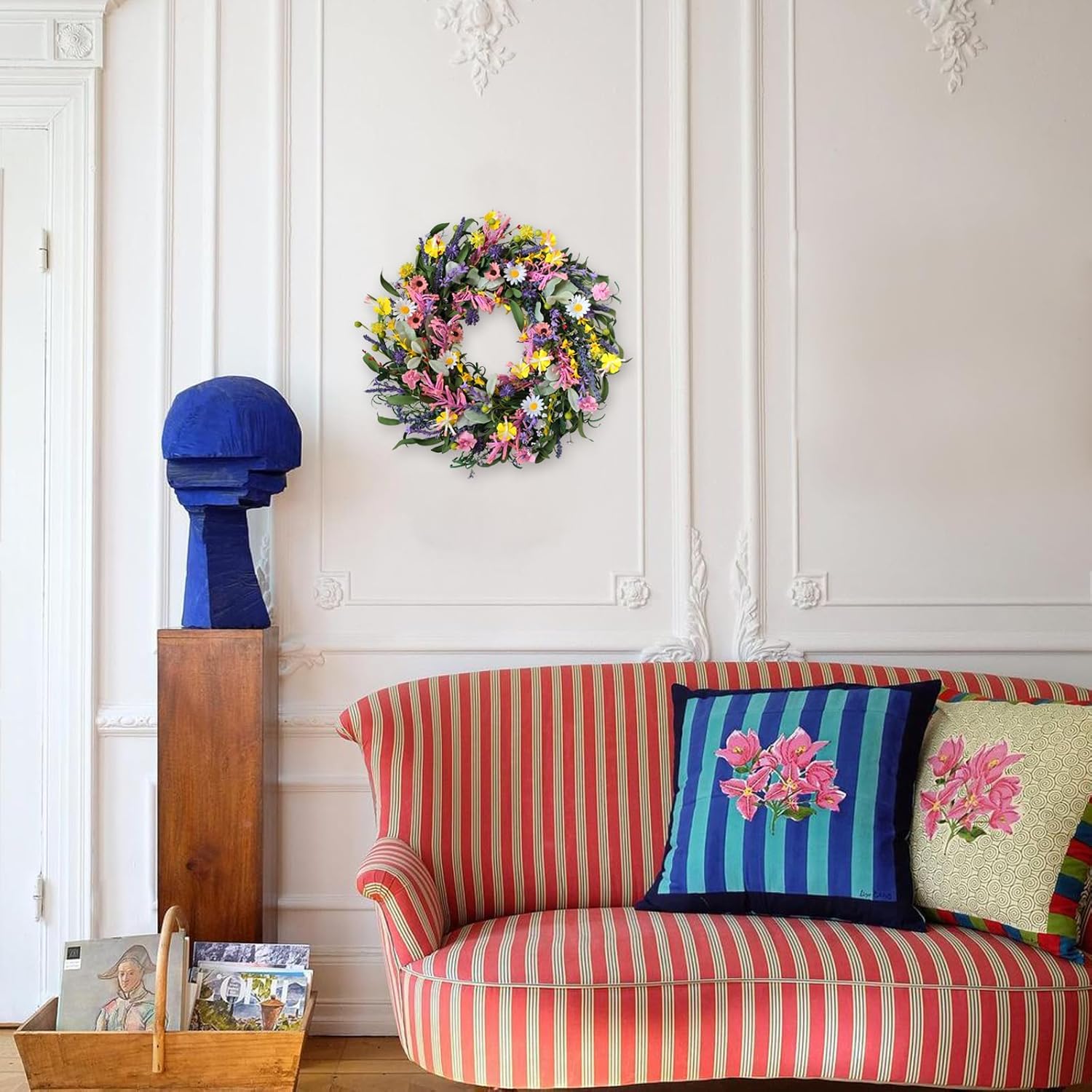 Bibelot Spring Wreath for Front Door 22 Inch Artificial Floral Decor with Daisy Lavender and Wildflowers