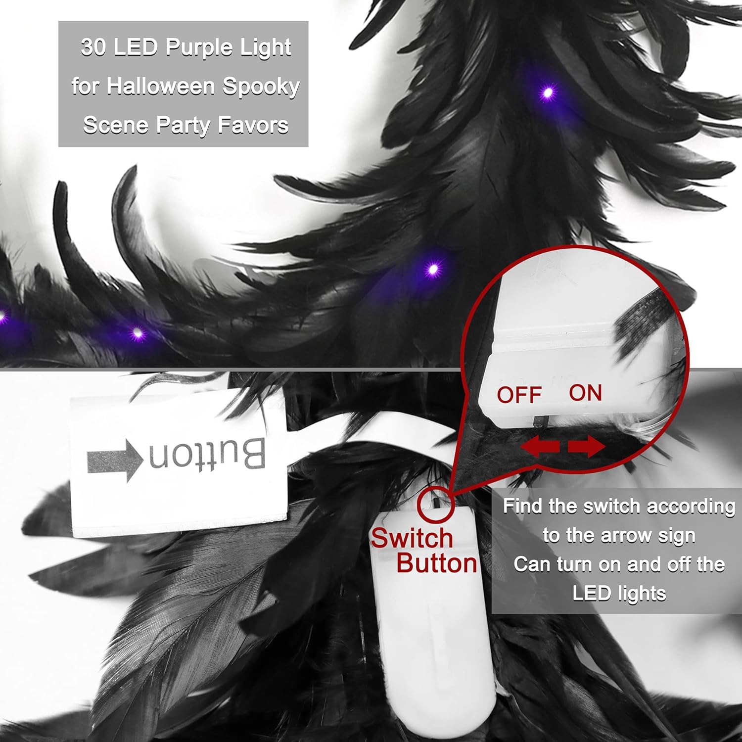 Ogrmar 157 Inch Black Feather Wreath with 30 LED Purple Lights for Halloween Decorations and Party Favors