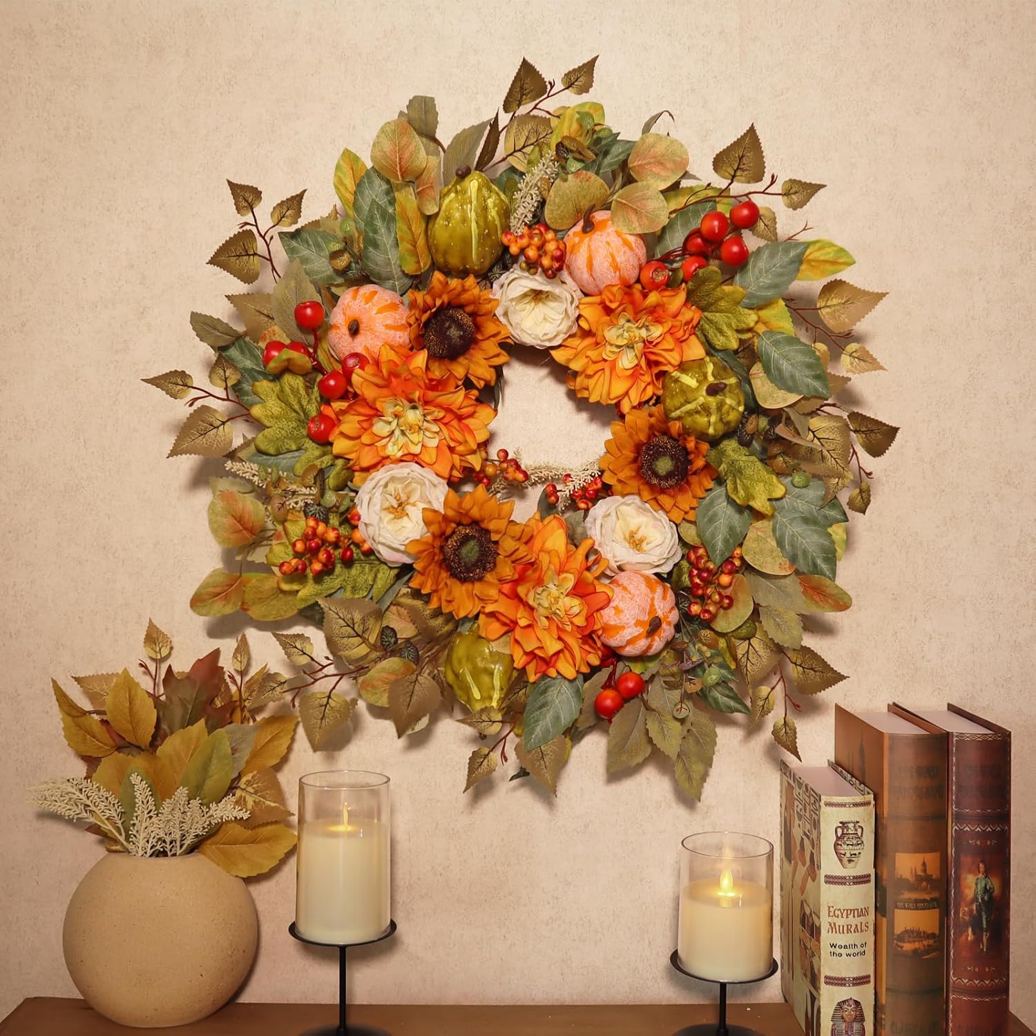 24 Inch Fall Wreath with Pumpkins and Berries