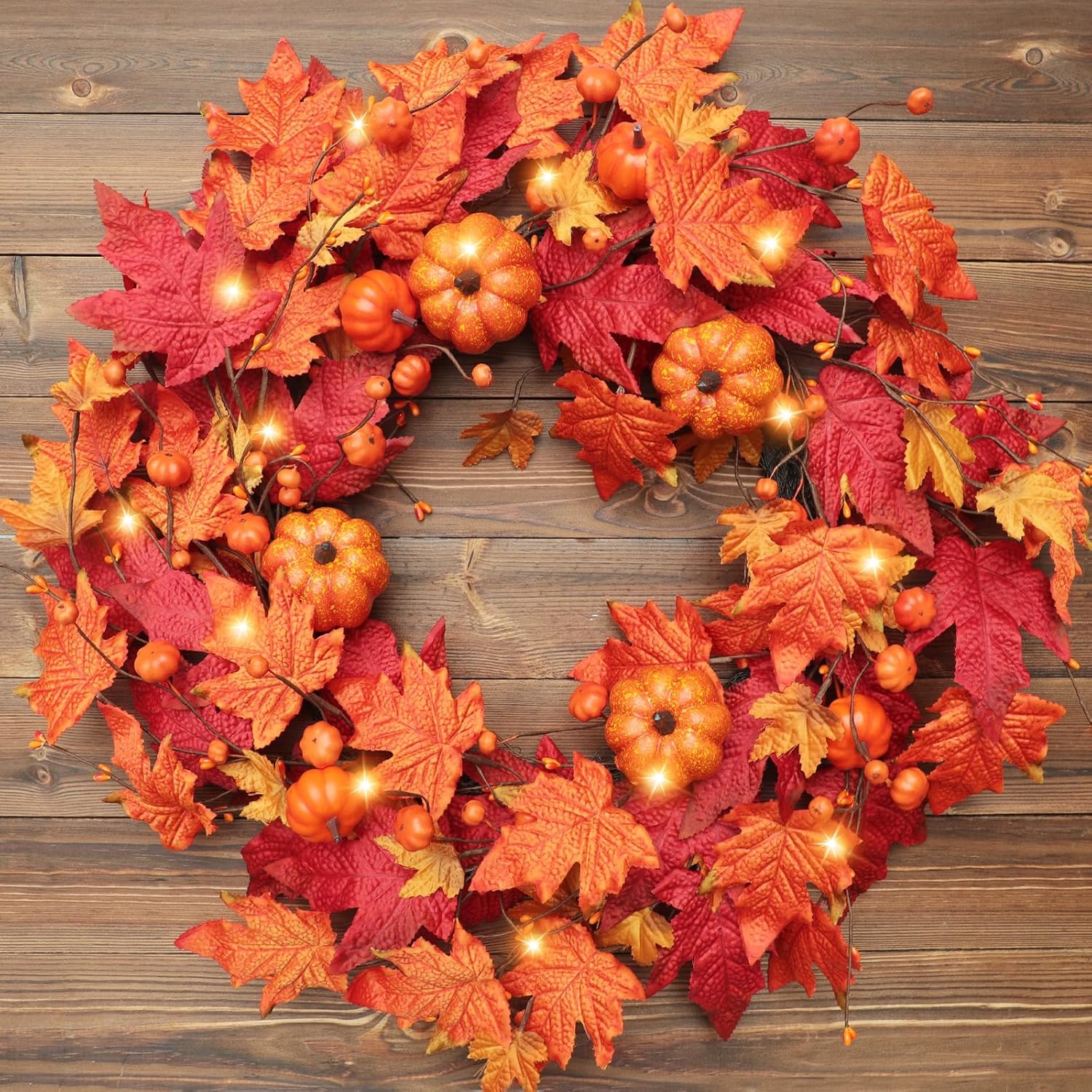26 Inch Foldable Fall Wreath with Timer Lights
