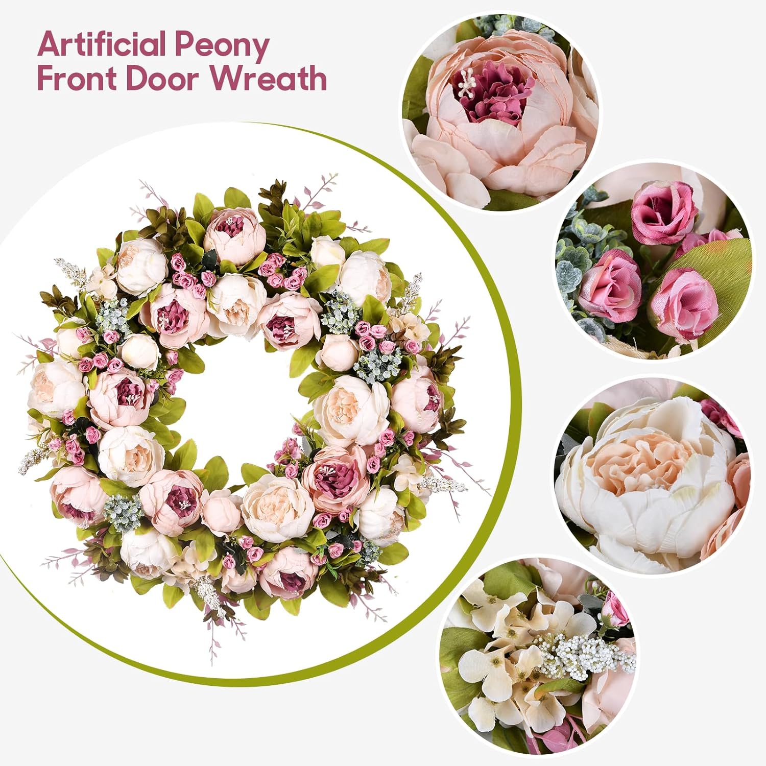 Covanm 22 Inch Spring Peony Wreath for Front Door Decor